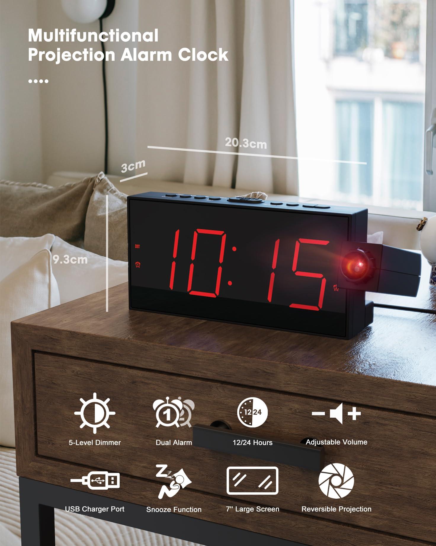 OnLyee OnLyee Projection Alarm Clock for Bedroom,LED Digital Clock on Ceiling Wall with USB Phone Charging,Battery Backup,180 Rotatable Projector& Dimmer,12/24H,DST,Snooze,Dual Loud Bedside Heavy Sleeper