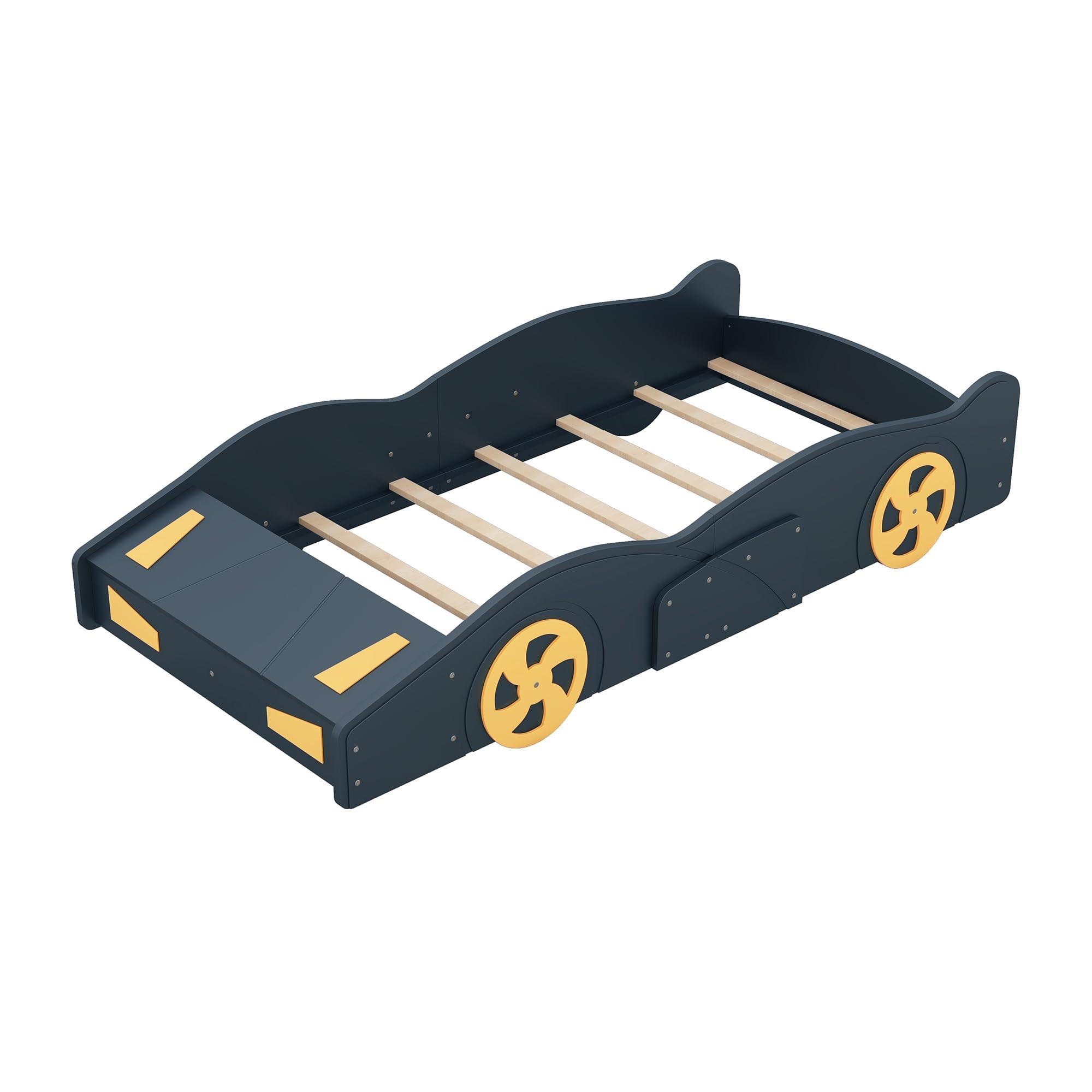ACQCA ACQCA Twin Size Race Car Bed for Kids, Car-Shaped Bed Frame with Wheels and Storage Footboard for Boys, Wood Slats Support,No Box Spring Needed, Dark Blue+Yellow