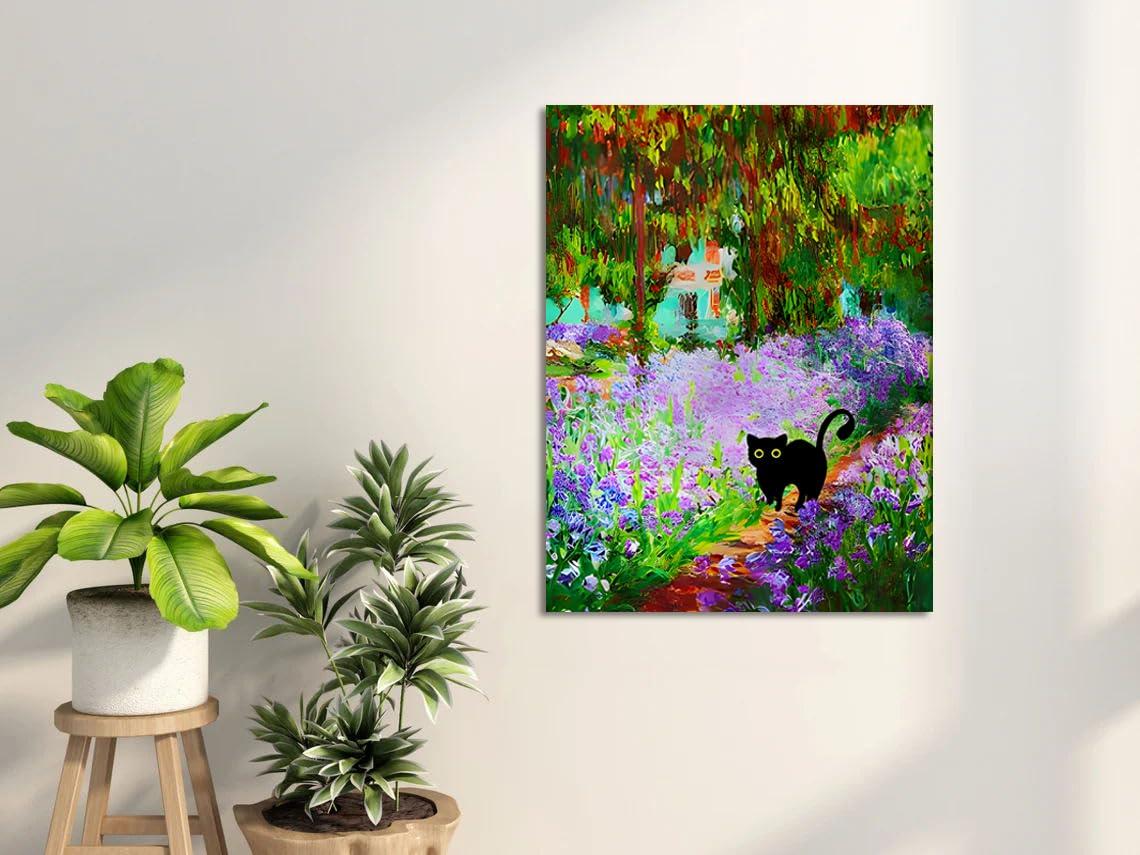 FOSULA Monet Cat Wall Art - Claude Monet Cat Wall Art Prints - Cat Monet Art - Monet Irises Garden Cat Canvas Print - Claude Monet Cat Poster - Monet Irises Garden Cat Wall Decor - Framed Ready to Hang