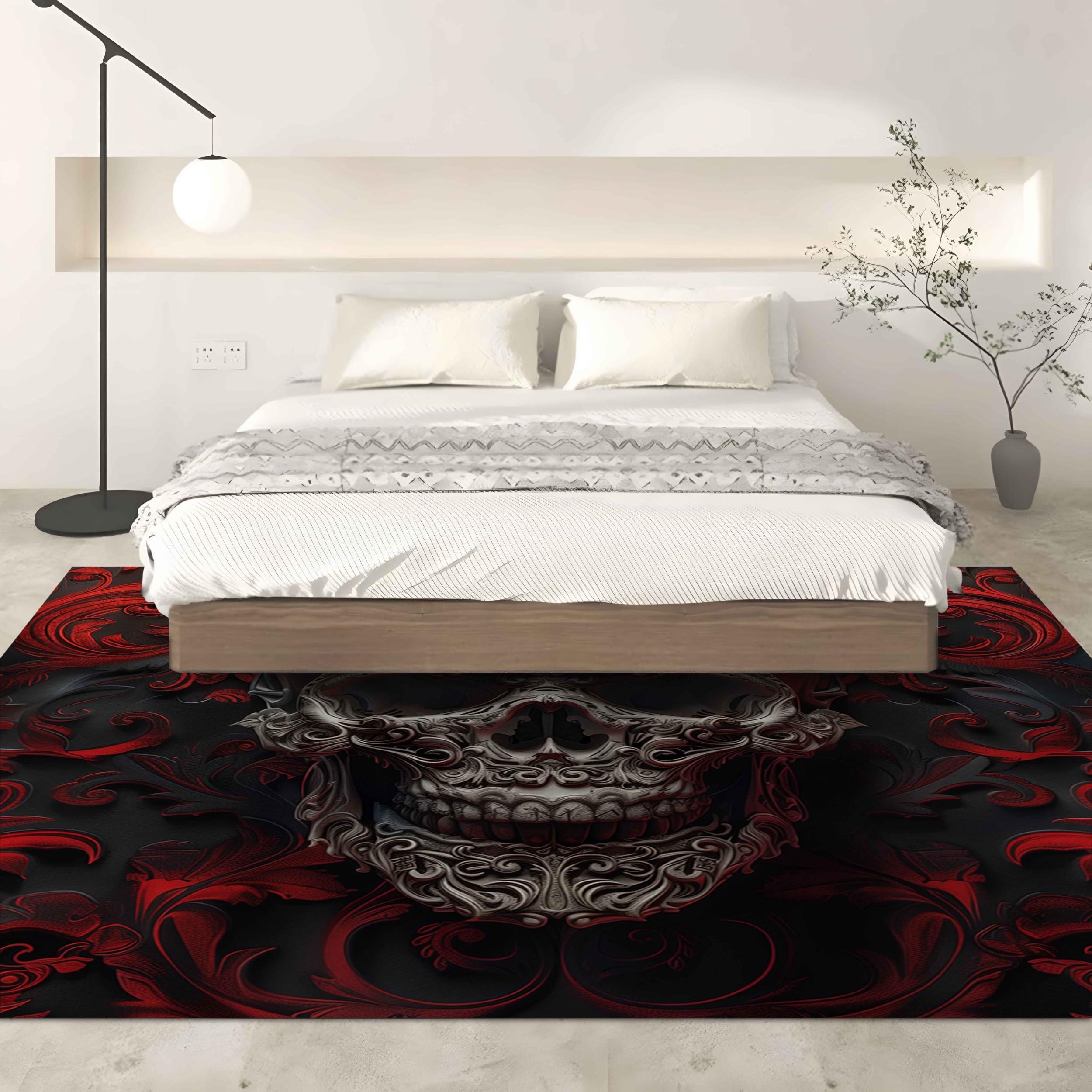 Bhoyctn Area Rugs 3ft x 5ft for Living Room - Area Rug Washable Non Slip Low Pile Rectangular Rug - Gothic Roses & Skulls Carpet for Bedroom Dining Room Kids Playroom Entrance Floor Mat Kitchen Rug