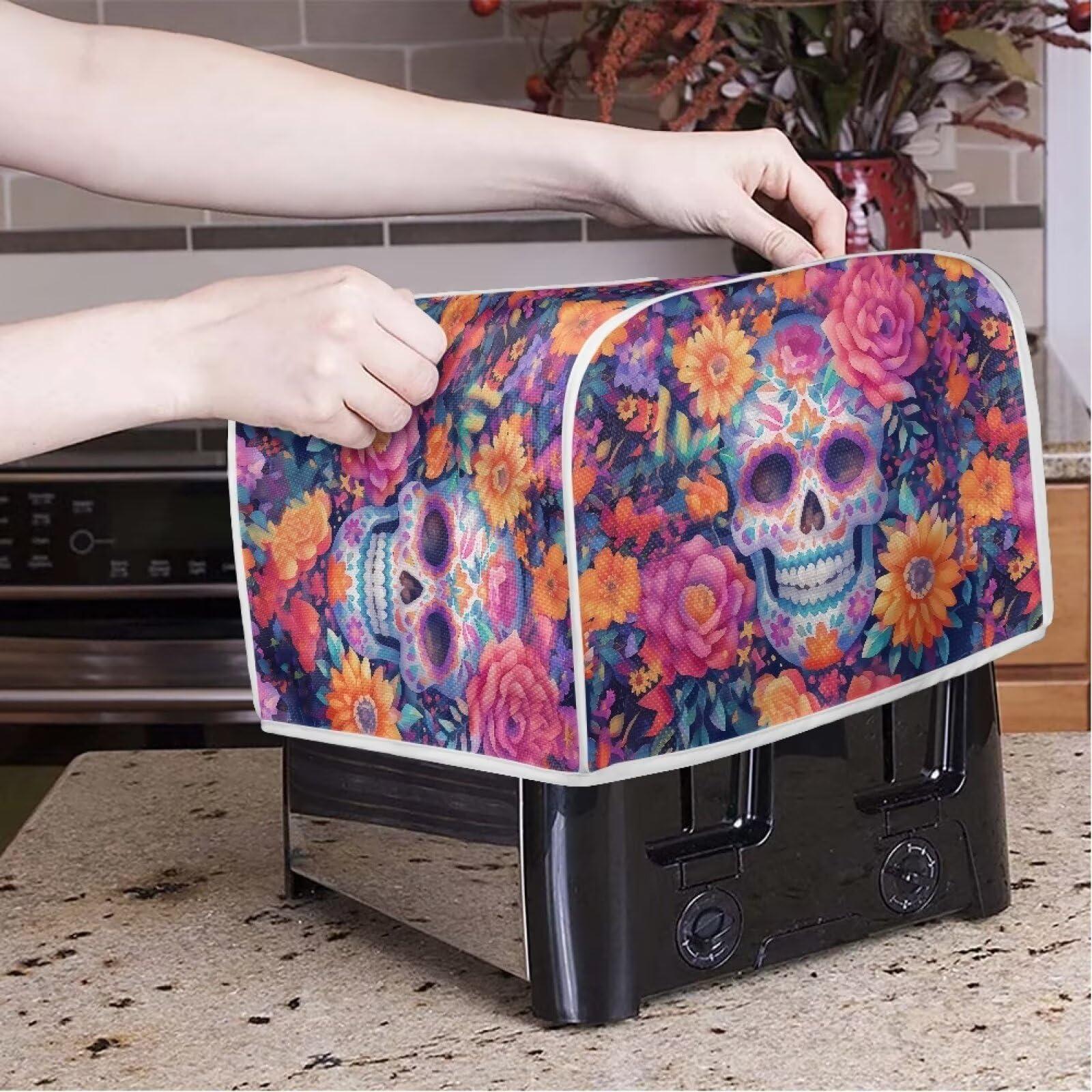 Xarleslyna Xarleslyna Mexican Skull Floral Toaster Cover 4 Slice, Day Of The Dead Flowers Small Kitchen Appliance Foldable Dust Covers Home Decor, Water Resistant
