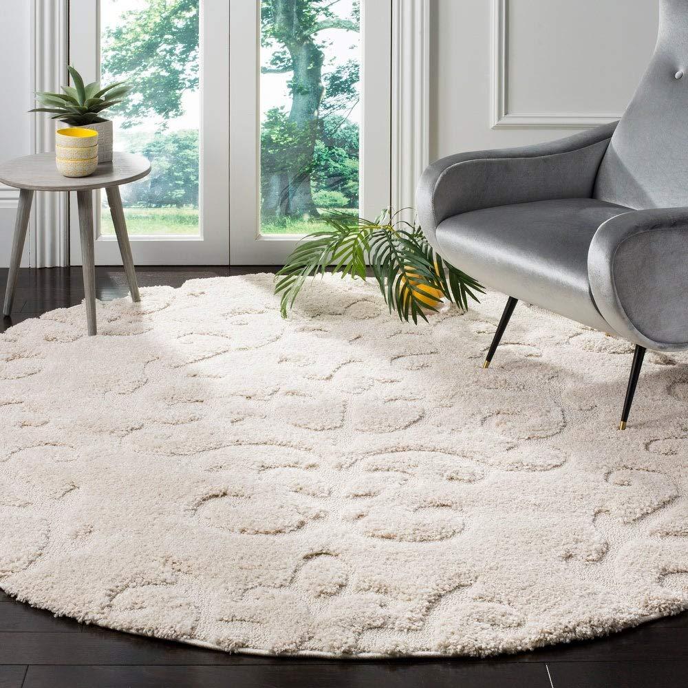 Safavieh SAFAVIEH Florida Shag Collection 5' Round Cream/Beige SG470 Scroll Non-Shedding Living Room Bedroom Dining Room Entryway Plush 1.2-inch Thick Area Rug
