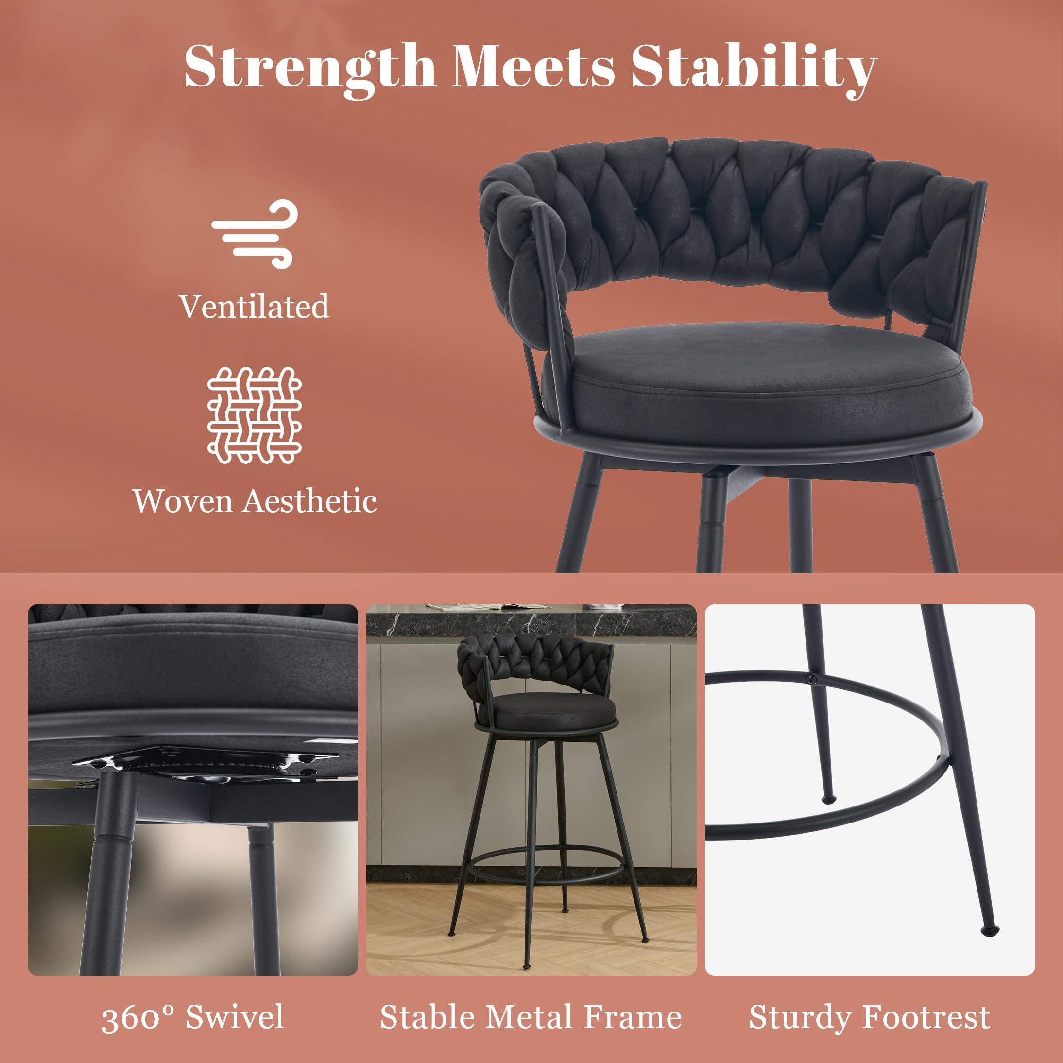 LONXIU LONXIU 360 Swivel Bar Stools Set of 4, 28 inch Counter Height Bar Stools Modern Barstools with Woven Back and Suede Fabric, Metal Frame & Footrest for Kitchen Island, Cafe, Pub, Bar Counter, Black