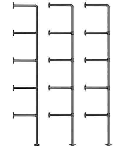 Kaler Industrial Iron Pipe Shelves, 3 Set 5-Tier, 68\" Tall, 12\" Depth, DIY Open Bookshelf Bookcase, Wall Mounted Vintage Retro Shelving, Rustic Farmhouse Pantry Kitchen Storage, Black Shelf Brackets