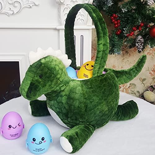 YOUBEMAGIC YOUBEMAGIC Personalized Plush Easter Dinosaur Basket Easter Egg Hunting Basket Easter Basket with Embroidery Name(Green Dinosaur Basket with Customization)