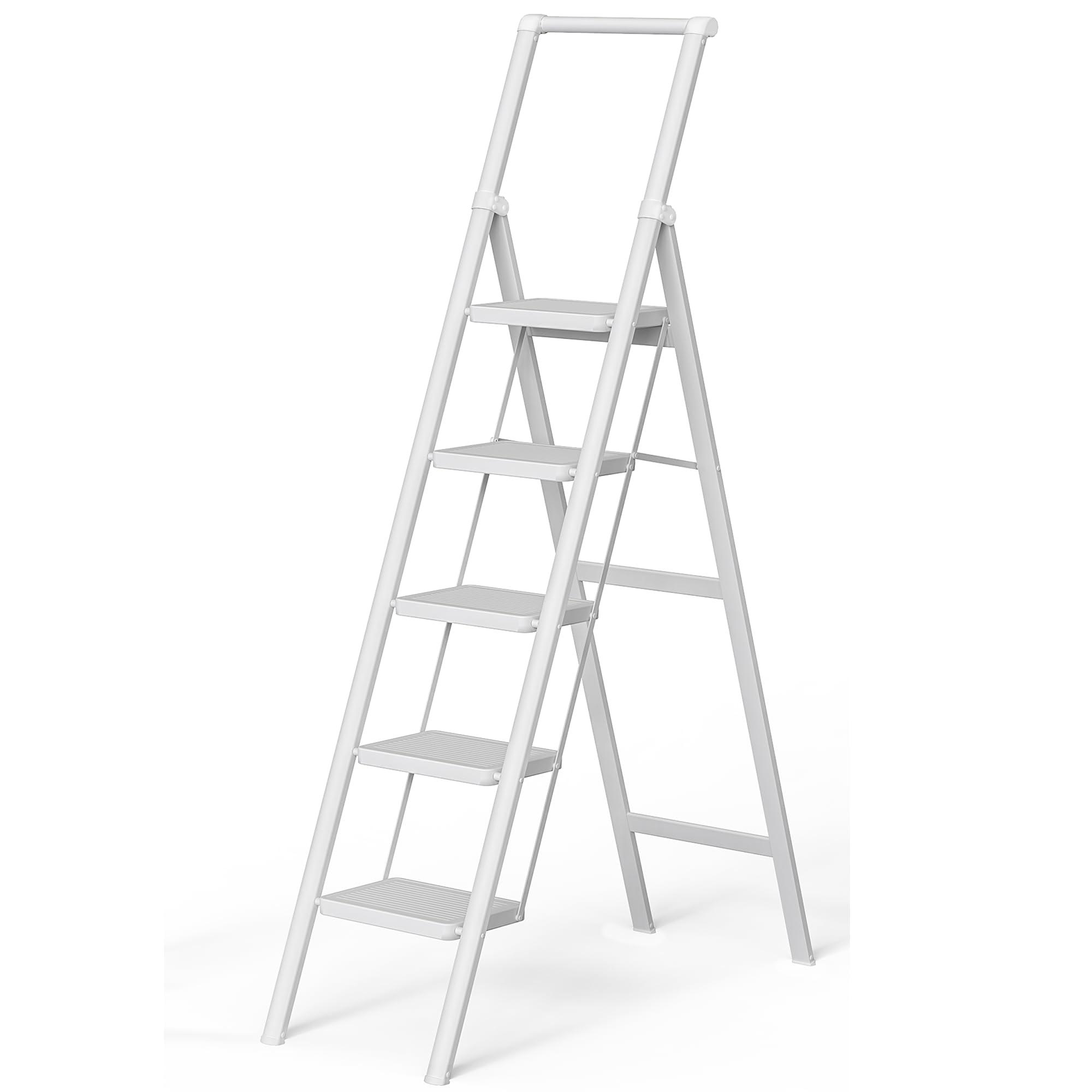 Soladder SOLADDER 5 Step Ladder, Folding Step Stool, White Foldable Ladder for 10 Foot High Ceiling with Anti-Slip Wide Sturdy Pedal and Handgrip, Multi-Use for Home (300 lbs Capacity)