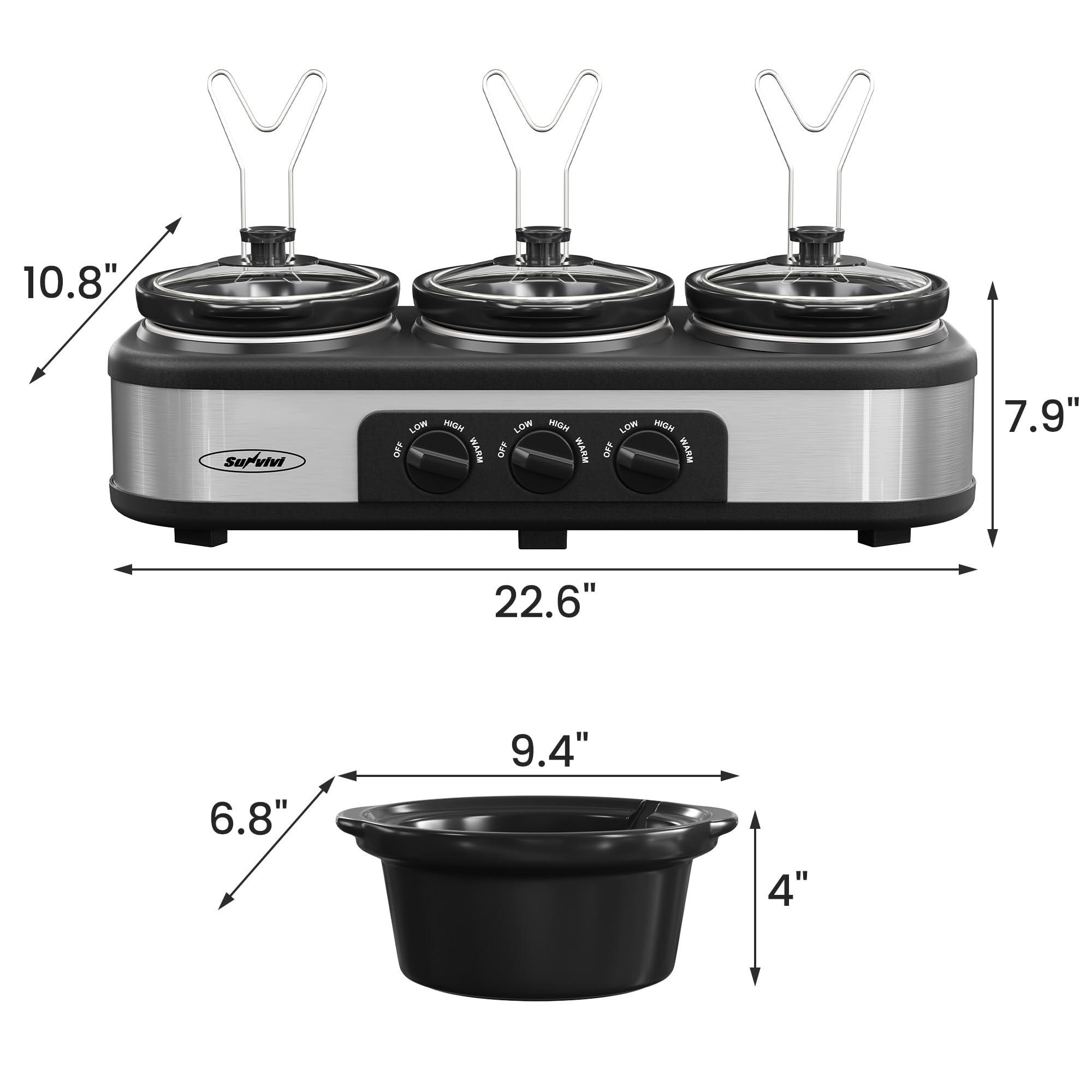 Sunvivi Sunvivi Slow Cooker, Triple Slow Cooker Buffet Server and Food Warmer, 3-Section 1.5-Quart Upgraded Oval Ceramic Pot with Stainless Steel Lid Rests, 3 Spoons, Total 4.5 QT