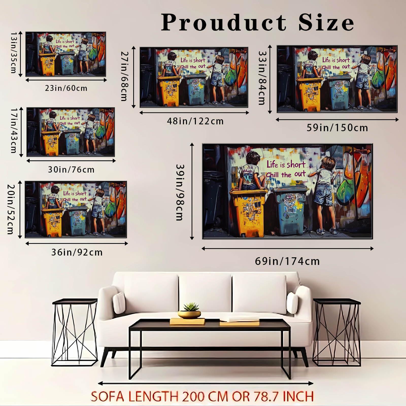 HOLECIC Banksy Canvas Wall Art, Banksy Art Wall Decor, Graffiti Canvas Wall Art, Banksy Two Boys, Life Is Short, Chill The Out, Street Art Wall Decor, Graffiti Painting, Urban Art, Home Decor (Gold Frame, 23\"x13\"|60x35cm)