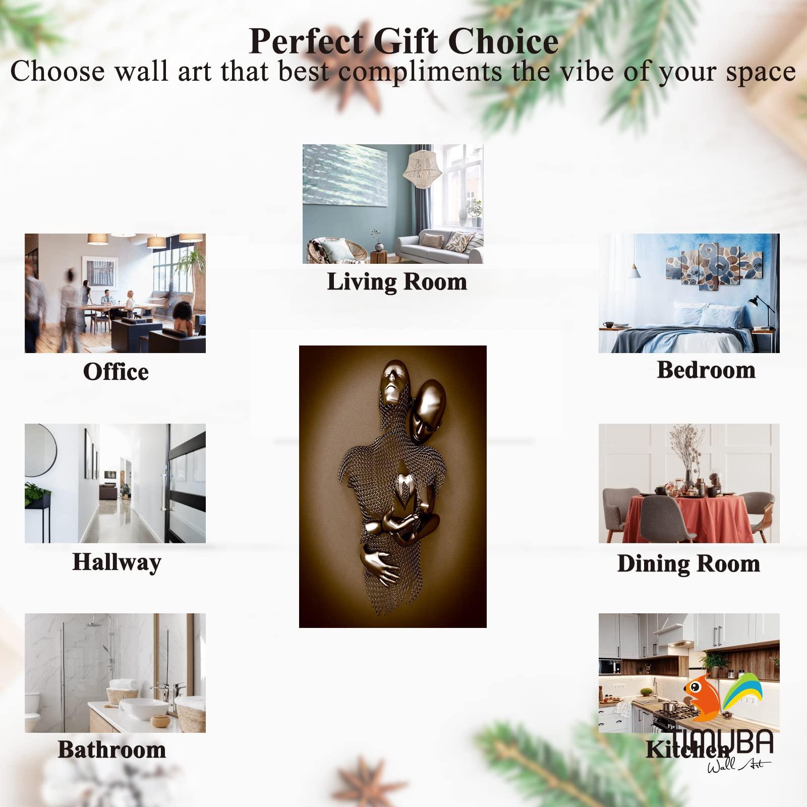 TIMUBA 3D Wall Art - Silver Gold Hugging Couple Wall Design, 3D Effect Love Metallic Art Print on Canvas for Bedroom Wall Decor, Modern Abstract Kissing Framed Art Pictures for Valentine's Gift 28x40 Inches