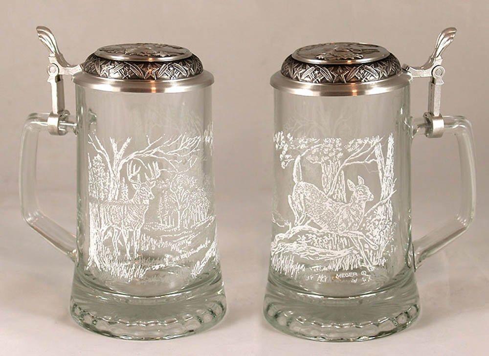 Cornell JAMES MEGER GLASS WHITE TAIL DEER STEIN, Etched German Glass Beer Stein w/ Pewter Lid, Made in Germany