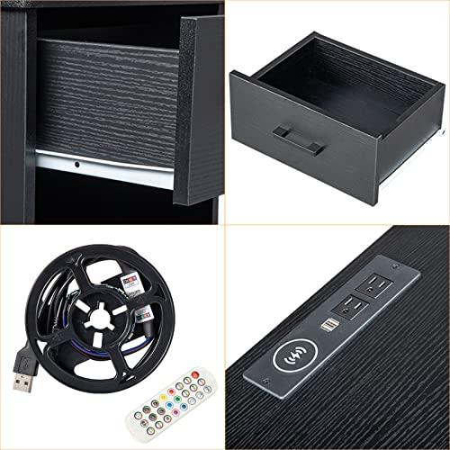 ACLULION ACLULION LED Nightstand with Charging Station, Wireless Nightstand with USB Ports, Smart Bedside Table with 1 Drawers, White End Table with Remote Contro 20 Color LED Lights (Black)