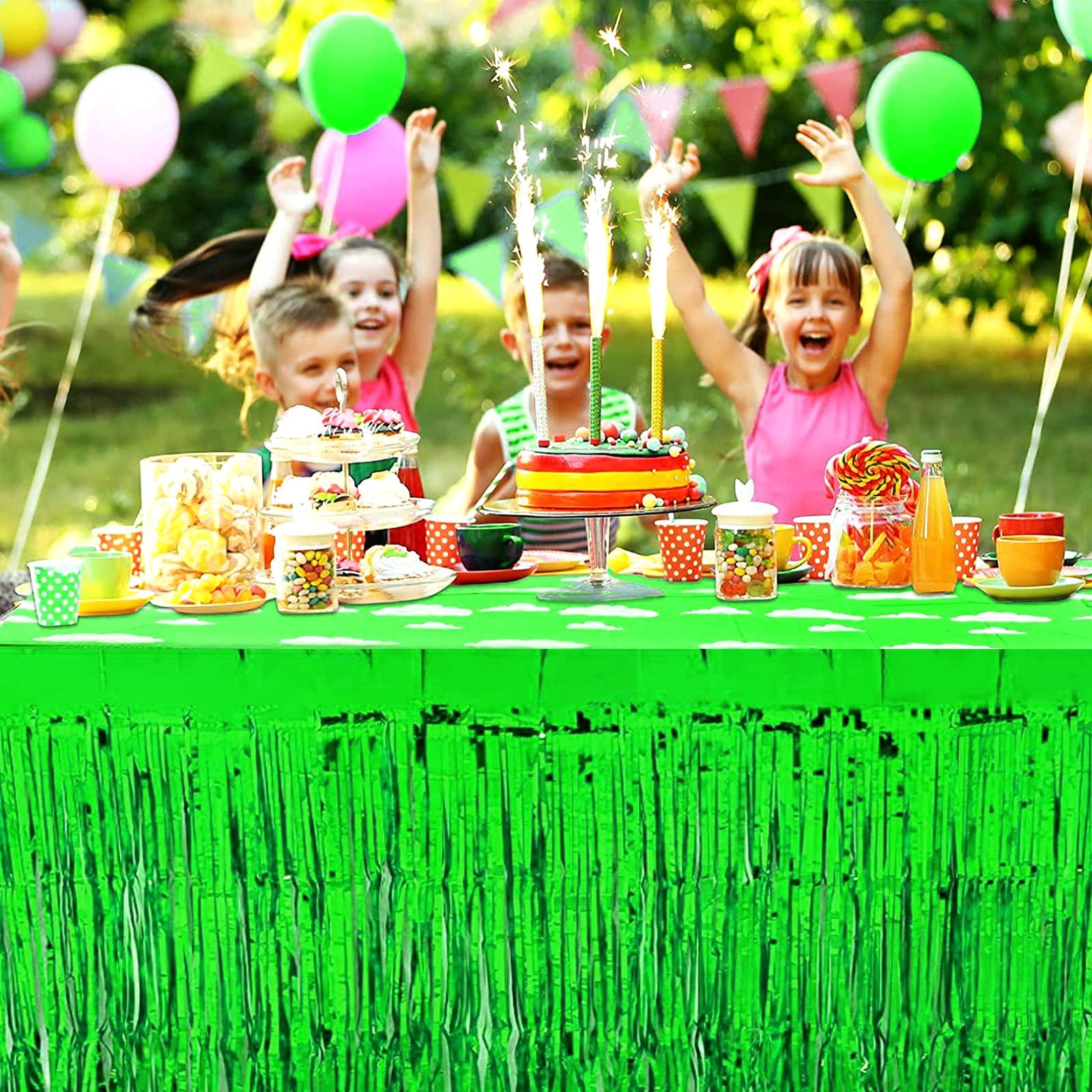 Clayghsen 4 Pack 29x108 Inch Metallic Foil Fringe Tinsel Table Skirts for Rectangle Tables Streamer Curtains Backdrop for Wedding, Birthday, Parade Floats, Christmas, Halloween Party Decoration(Green)