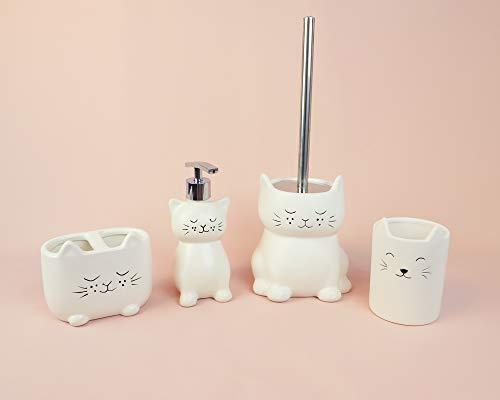 Isaac Jacobs International Isaac Jacobs White Ceramic Cat Toilet Bowl Brush Holder with Chrome Metal Handle (Unassembled) - Bathroom Accessory & Cleaning Storage (Cat)