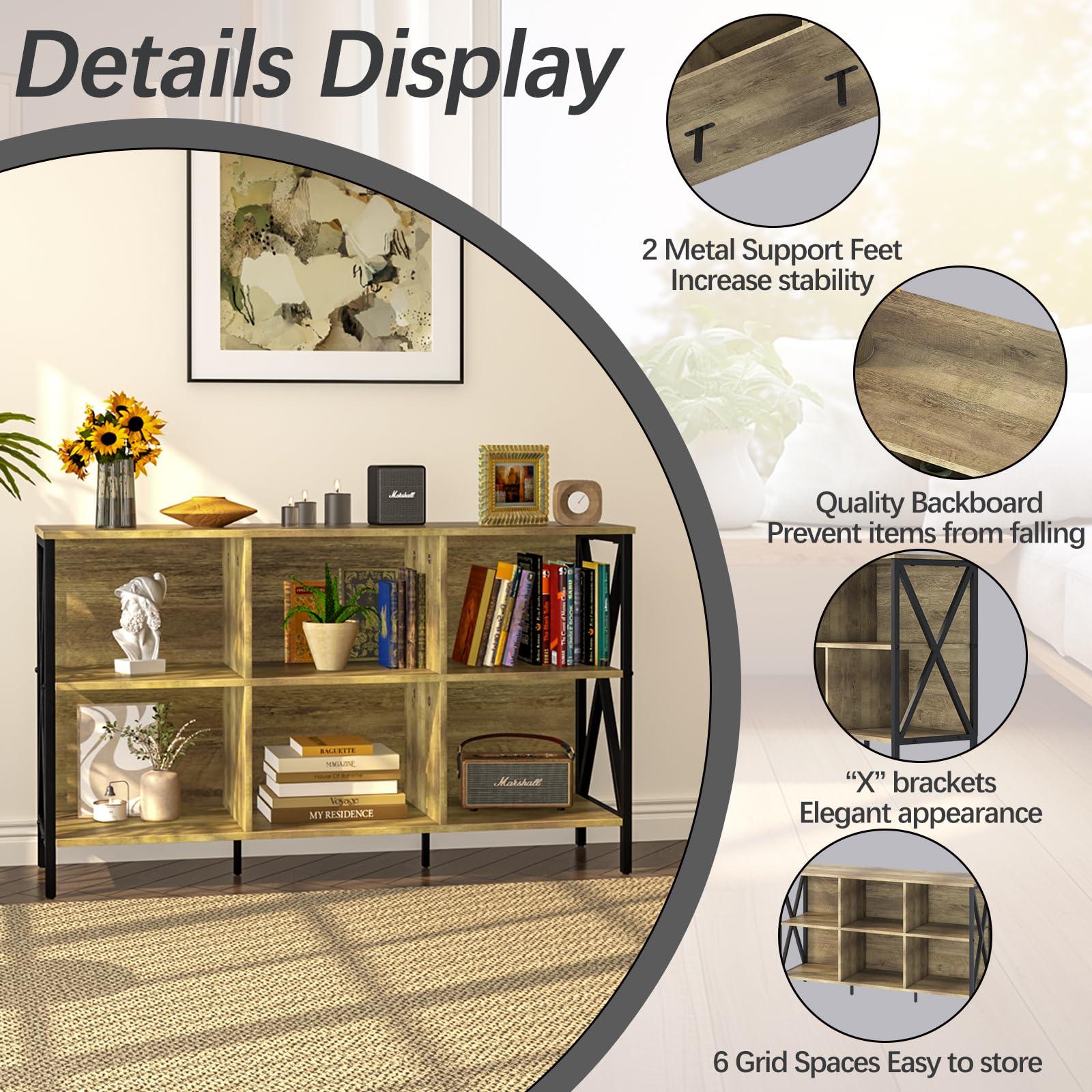 Adompacat Horizontal Bookshelf Bookcase,6 Cube Storage Organizer with Open Shelf,47 Inch Industrial Low Wide Wood and Metal Cubby shelf,Long shelving unit for Home Office Living Room(Rustic Oak,6 Cube)