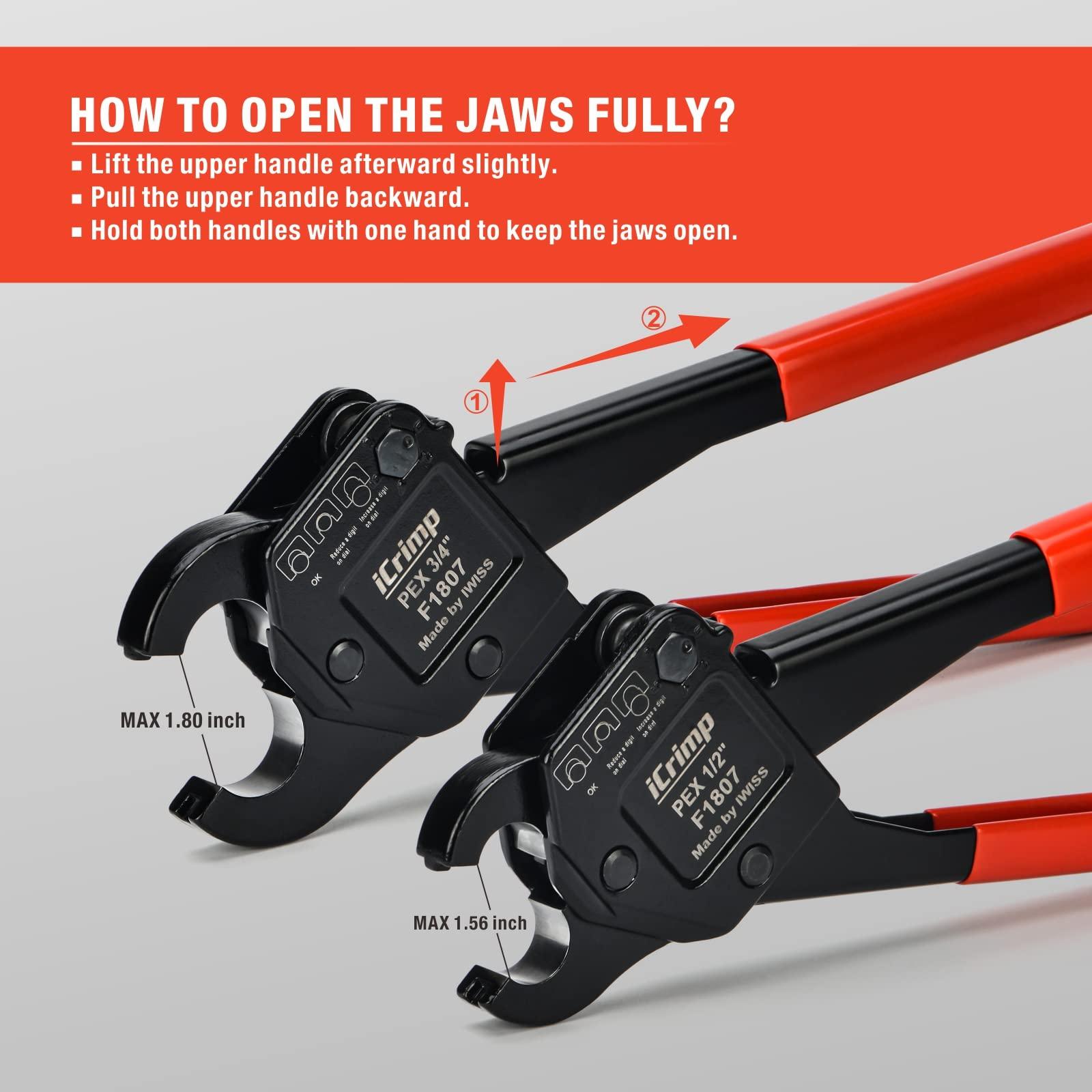 IWISS iCrimp Angle Head F1807 PEX Pipe Crimping Tool for Copper Rings - 1/2&3/4-inch Two Crimper Set with Cutter, Suitable for Tight Spaces