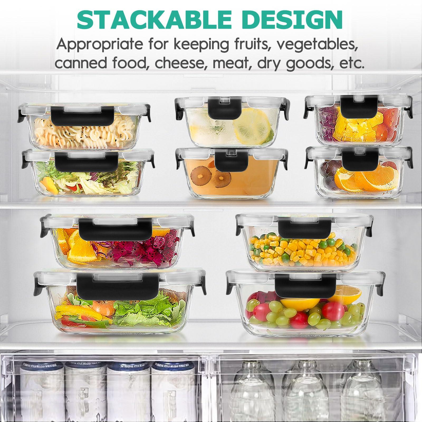 AMALEKO 34pcs Glass Food Storage Containers with Lids Set, Airtight Glass Meal Prep Containers (17 Containers & 17 Lids), Leak Proof Lunch Containers BPA-Free, Microwave, Oven, Freezer, Dishwasher Safe-Black