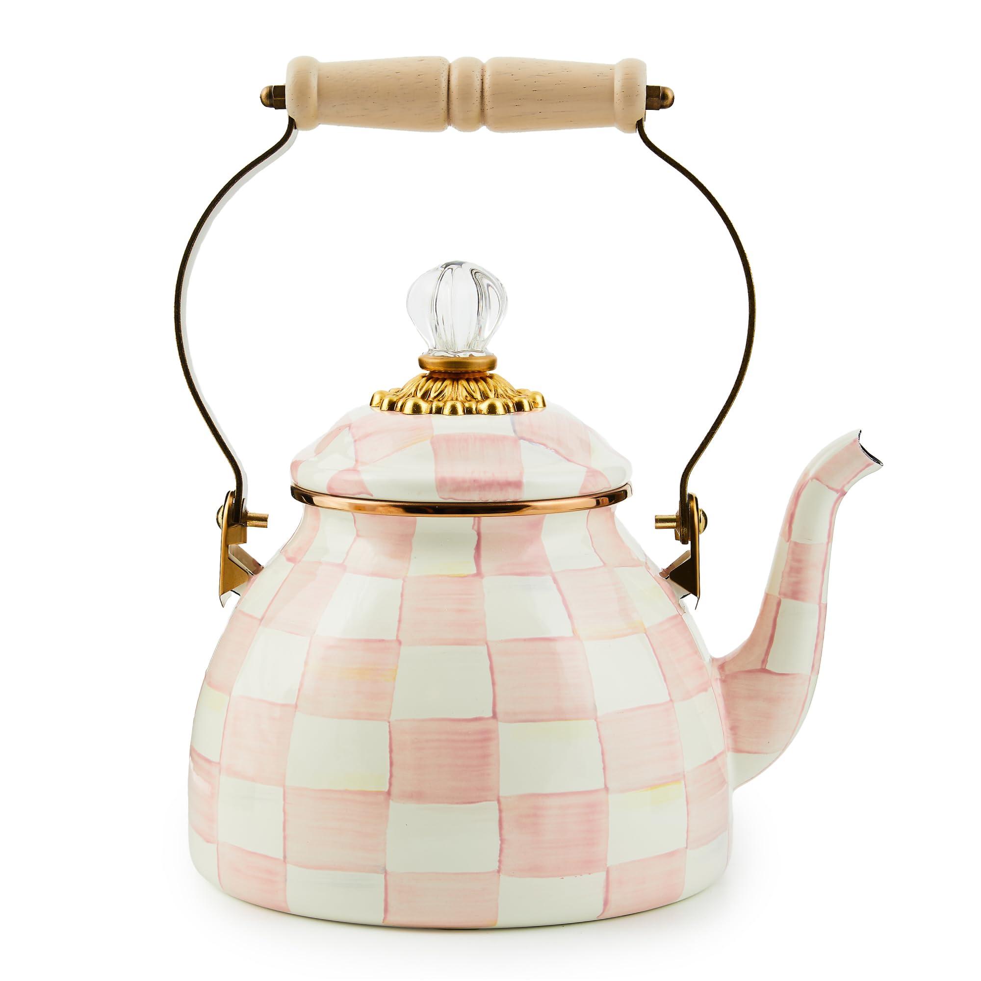 MACKENZIE-CHILDS MACKENZIE-CHILDS Enamel Tea Kettle, Stylish Tea Kettle for Stovetop, Pink-and-White Rosy Check, 2 Quarts