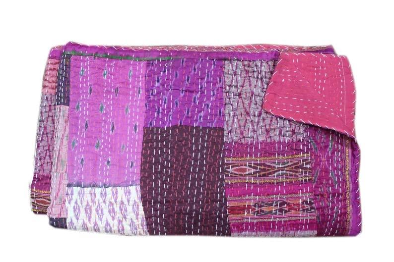 Foziya Qureshi Bohemian Patchwork Kantha Quilt, Boho King Size Bedding Throw Blanket, Patola Silk Patch Work Kantha Quilt, Handmade Kantha Bedcover (Purple, 108"x 108" Inch)