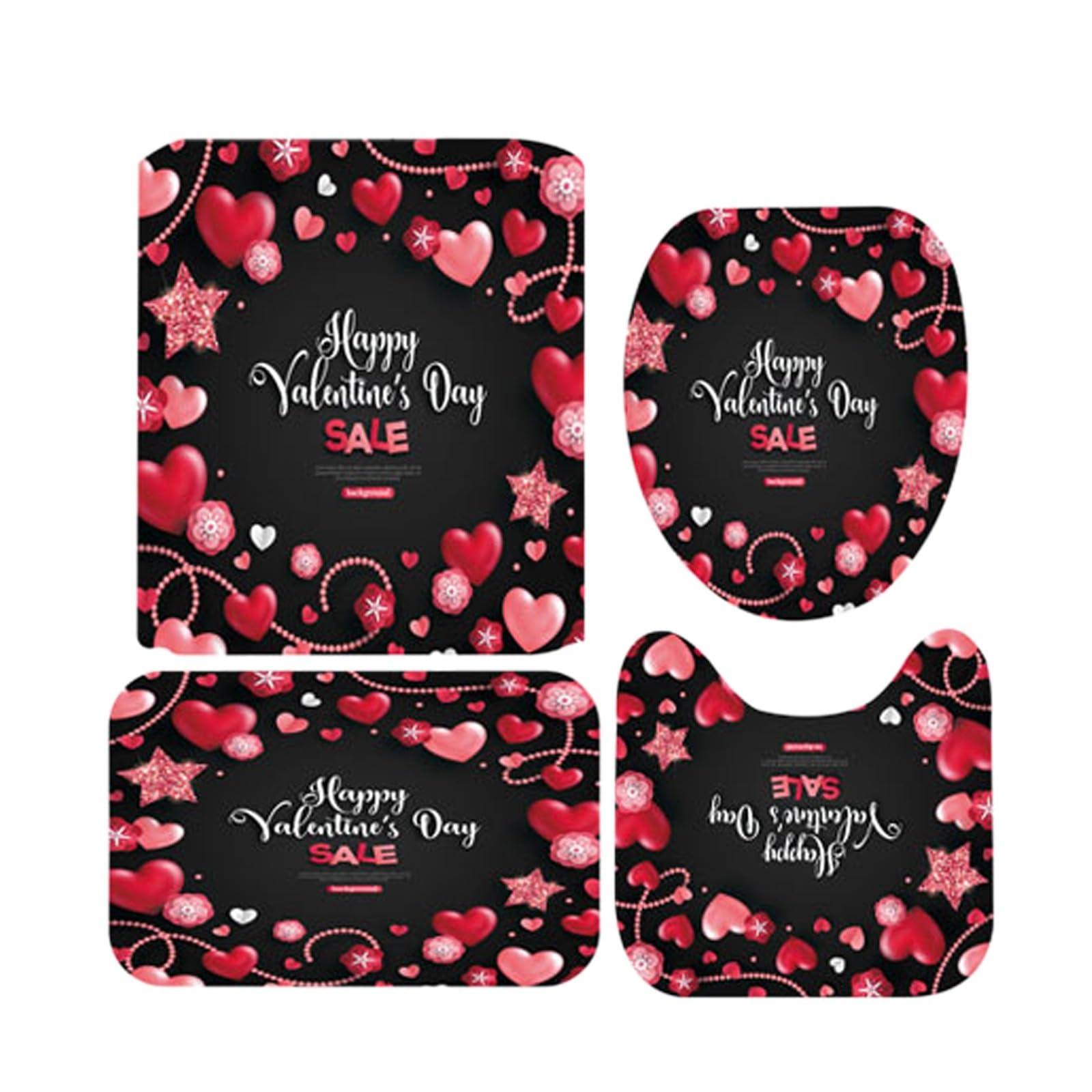 FRJINIE FRJINIE 4 PCS Valentine\'s Day Bathroom Set, Rose Heart Print Waterproof Bathroom Sets Shower Curtain and Rugs Black Red Pink for Valentines Day Bathroom Decorations