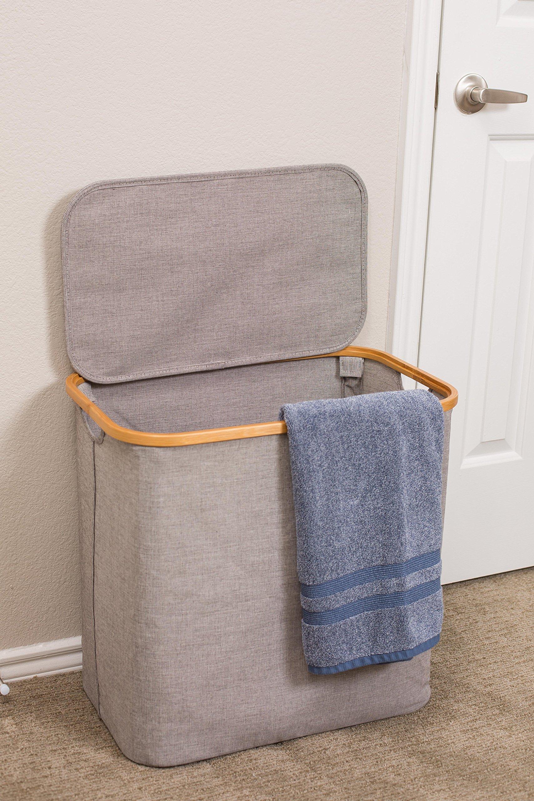 BirdRock Home BIRDROCK HOME Bamboo & Canvas Hamper - Laundry Basket Organizer - Lightweight Foldable Clothing Bin with Lid - Modern Covered Laundry Hamper for Clothes, Bedroom, Bathroom, & Dorm - Grey, Single Lid
