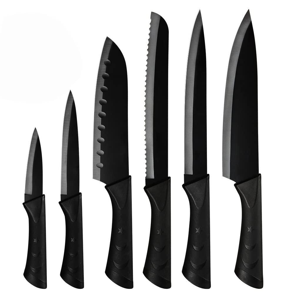 MAYiT Kitchen Knife Sets, 6pcs Black Knives Set Professional Chef Knife Tool DIY Roll Bag Portable Knives Kitchen Tools Slicing Santoku Fruit Knife with cover