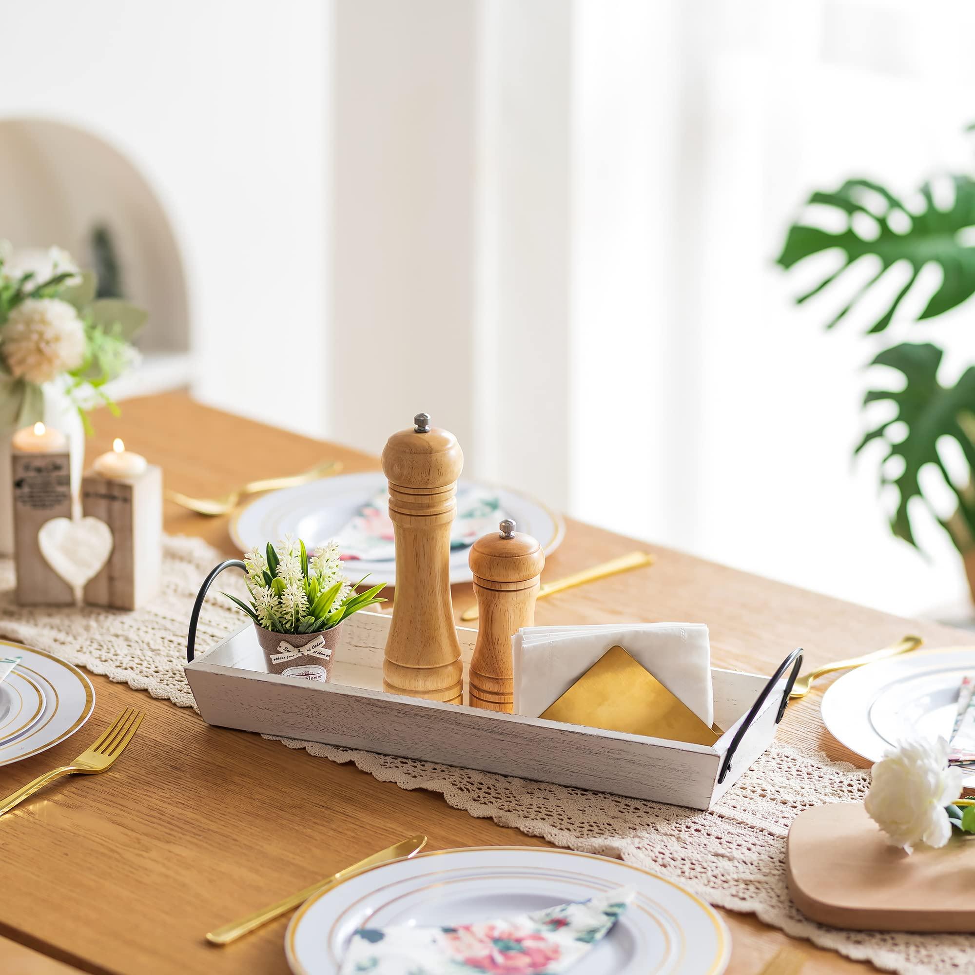 Hanobe Long Narrow Wood Candle Tray: Hanobe Rustic Wooden Candle Holders Rectangular Table Centerpieces for Dining Room Farmhouse Pillar Stand with Handle Rectangle Table Decor, Whitewashed