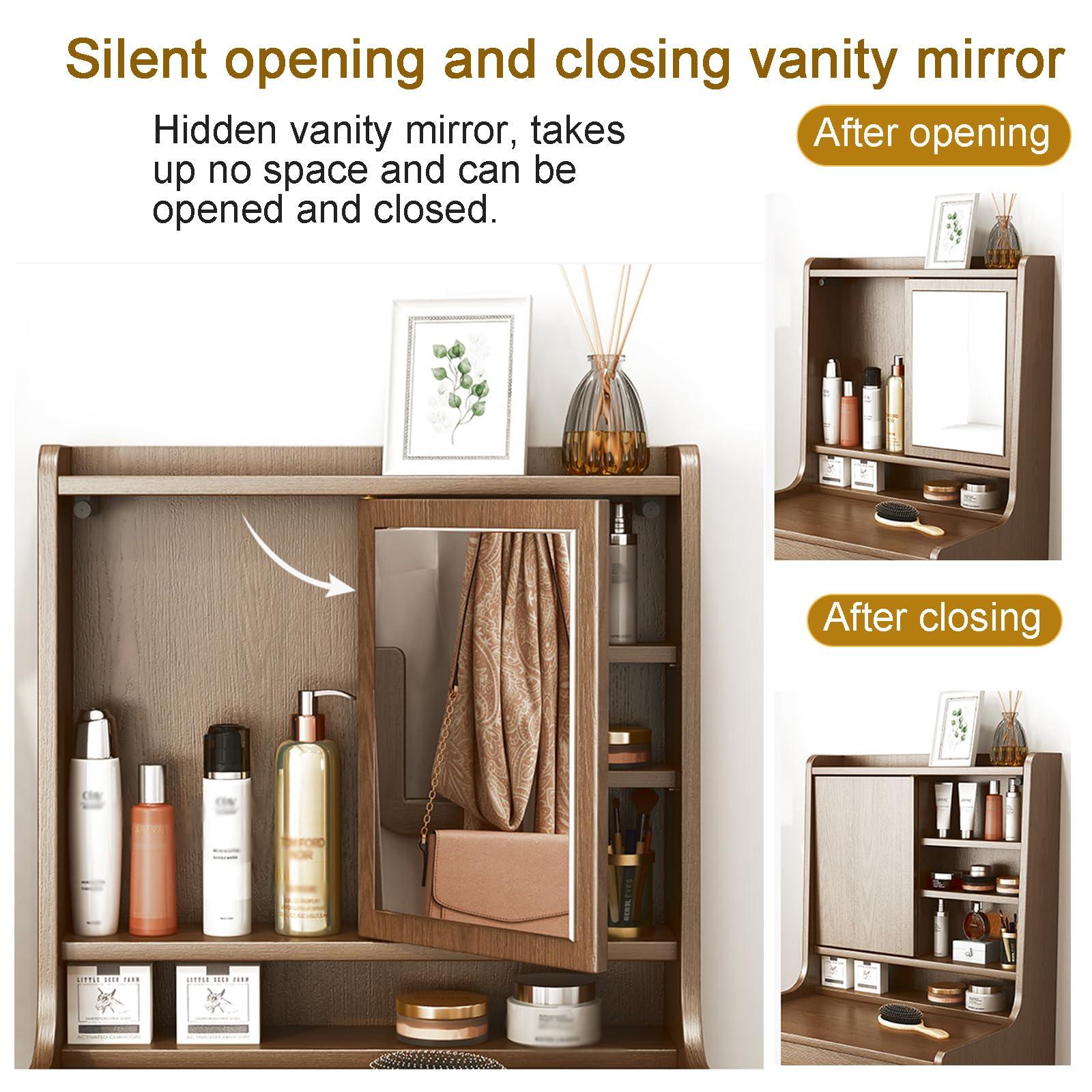 LEYANSHANGMAO Generic Nordic-Style Dressing Table with Flip Top Mirror and Stool for Small Bedrooms - Modern, Minimalist, and Luxurious Makeup Vanity (Wood Color, M-80cm/31.50in)