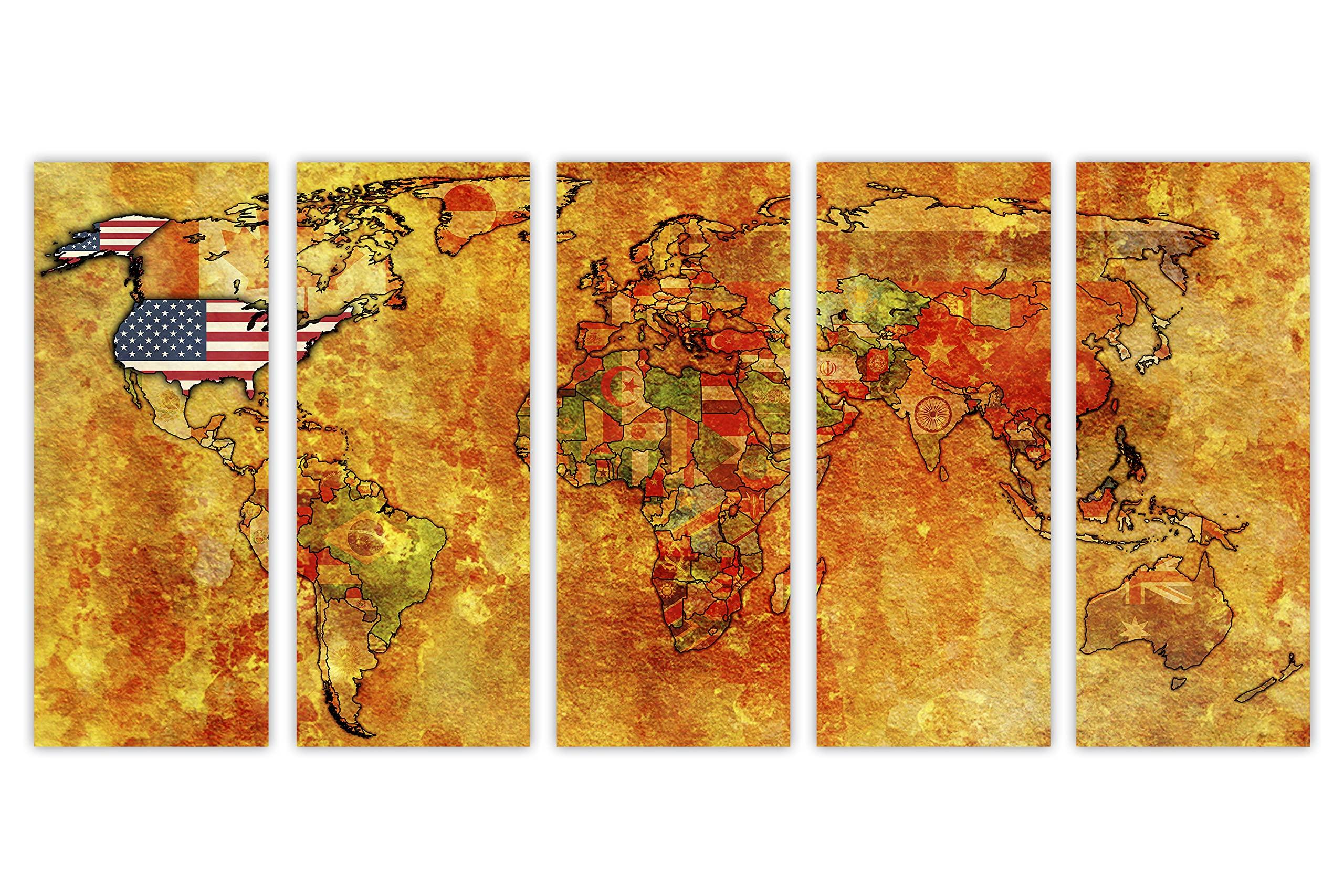 Canvas Quest 120 x 60 TOTAL - Flags World Map Canvas Print - 5 Panel Split Wall Art. World Countries