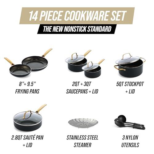 Blue Diamond Blue Diamond Gold 14 Piece Cookware Pots and Pans Set, Induction Suitable, Diamond Infused PFOA & PFAS-Free Ceramic Nonstick, Durable Metal Utensil Safe, Dishwasher Safe, Gold Handle, Black