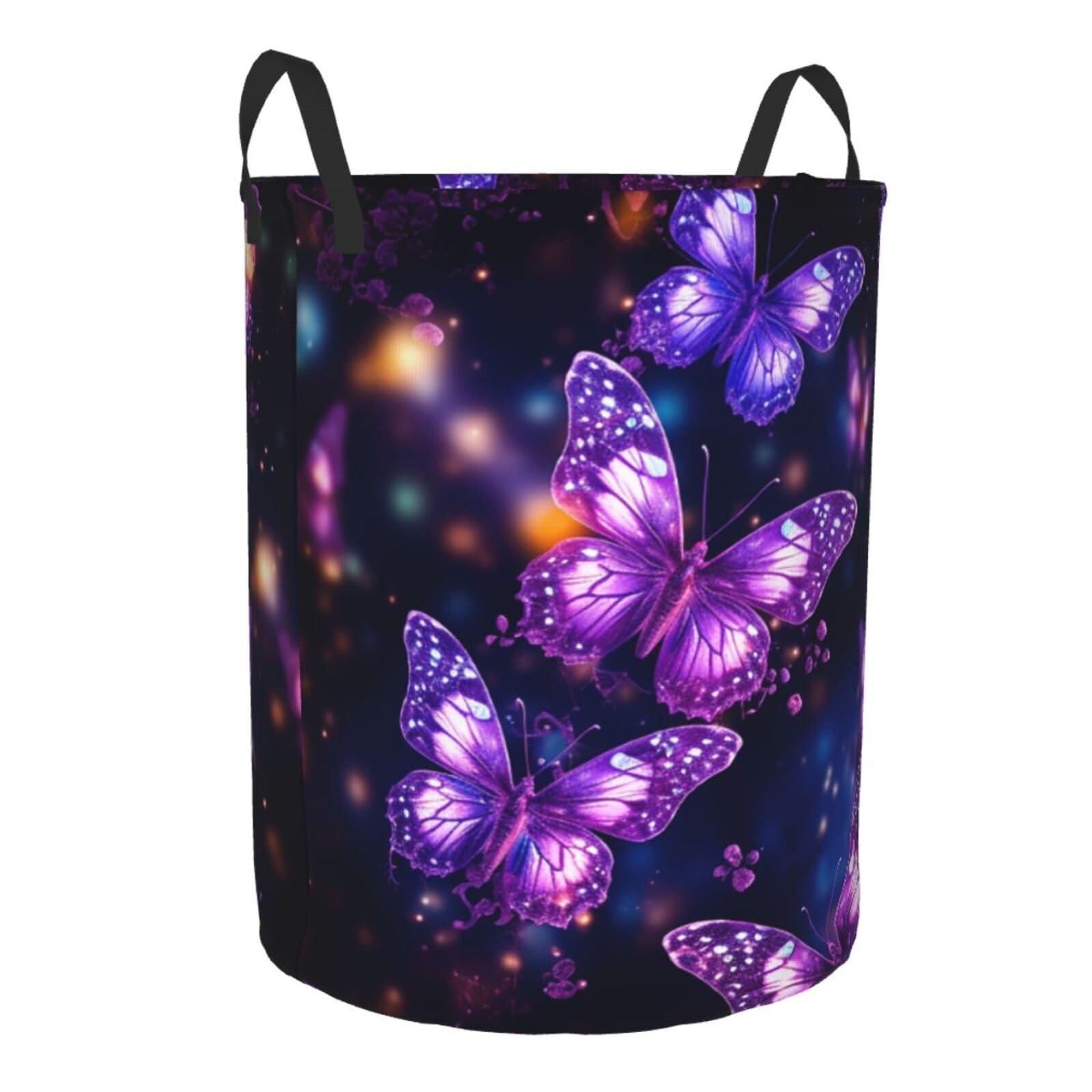 NONHAI Large Laundry Basket purple cute butterfly print Foldable Laundry Hamper Waterproof Collapsible Washing Bin Clothes Bag Freestanding Dirty Clothes Hampers for Laundry, Bedroom, Dorm