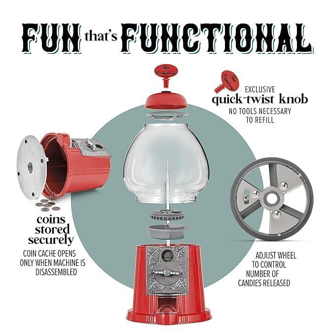 The Candery The Candery Gumball Machine - 15 Inch Candy Dispenser with Stand Durable Aluminum Frame- Includes 2lbs Bag of Gumballs for Gumball Machine - 2lb Bag - 0.62 Inch Gumballs - Kosher