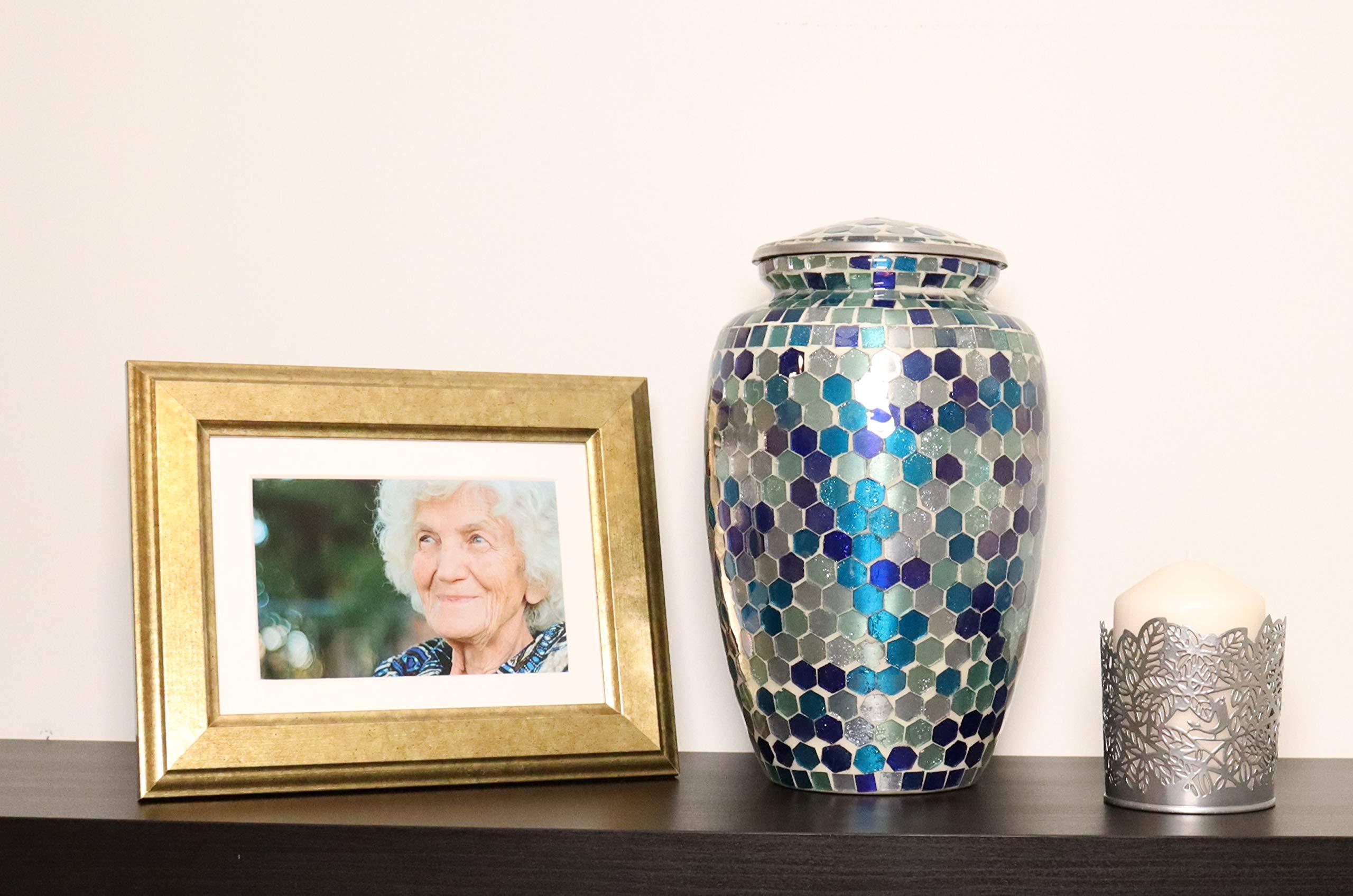 Liliane Memorials Mosaic Glass Cremation Urn - Hand Made Funeral Urn for Human Ashes - Large Adult Size Burial Urn - Hand Applied Individual Tiles Create a one of a Kind Work of Art - 200 cu in (Silver)