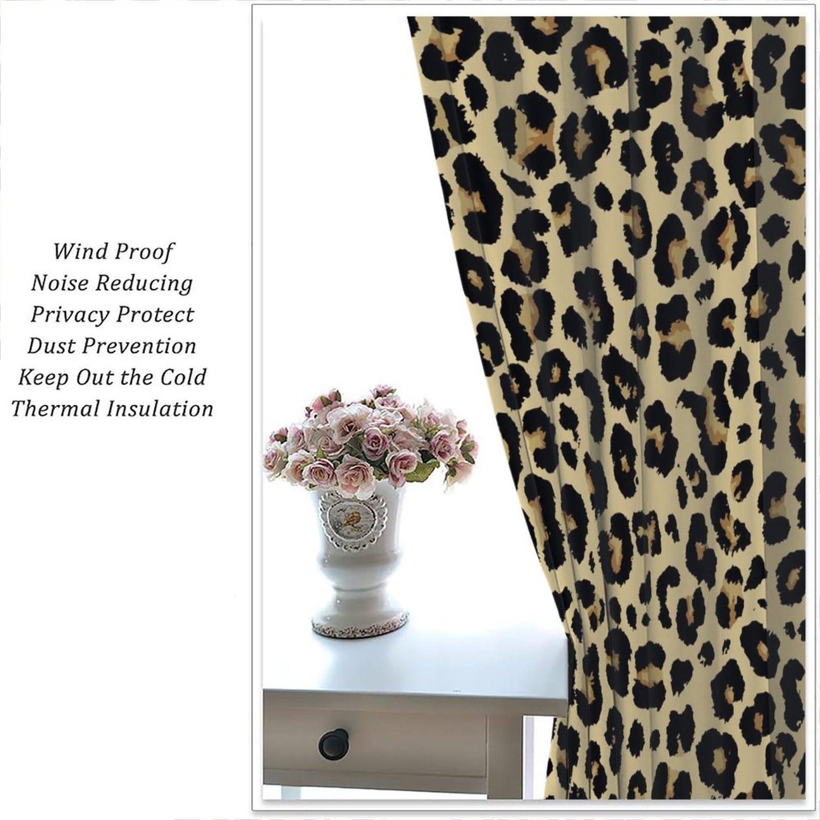 KANEPE Leopard Blackout Curtains, Leopard Pattern Design Wild Animal Skin Spots Print Window Treatments, Retro Rod Pocket Thermal Insulation Drapes for Bedroom Living Room, 55" W X 63" L