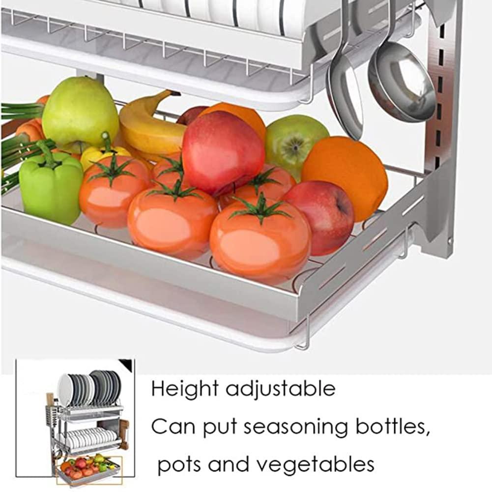ma hai fei 304 Stainless Steel Kitchen Dish Rack, 2/3-Tier Hanging Wall Mount Drying Organizer for Dishes, Bowls, Mugs Includes Drain Trays (Color : Silver-C, Size : 41.2x26.6x40.5cm)