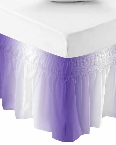 Sabolny Purple White Bed Skirt Queen Size 18 Inch Drop, Adjustable & Elastic Wrap Around Bed Skirts Pleated Luxury Dust Ruffles for Twin Full Queen Cal King Base Bed, Modern Minimalist Geometric Ombre Art