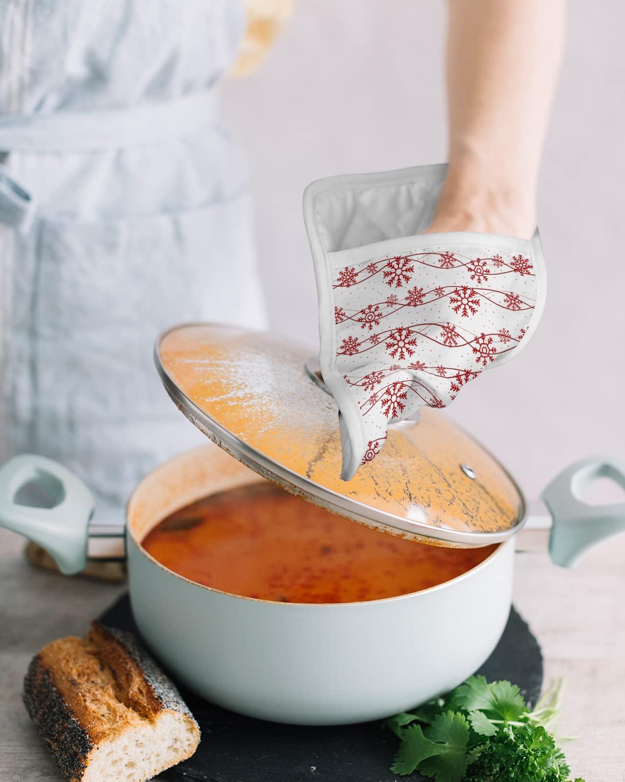 LEOKOTI 5 Pack Pocket Pot Holders, Christmas Snowflake Hot Pads for Kitchen Heat Insulation Potholders, Xmas Winter Red Snowflake White Decor Pot Holder Oven Mitts Hot Pad Trivet for Baking Cooking 9\"x7\"