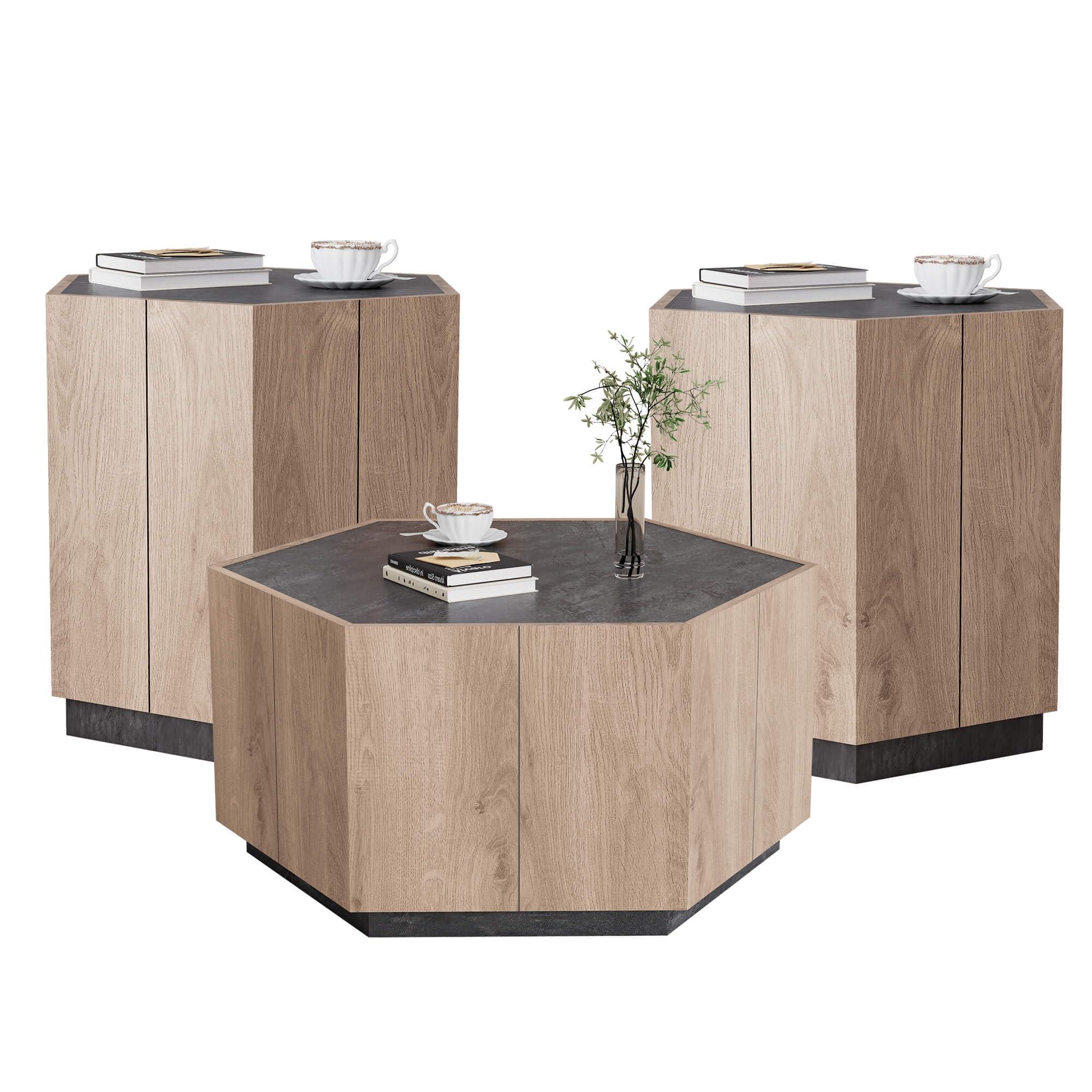 SAINTCY SANITCY Coffee Table Set of 3, 1 Pcs Hexagon Coffee Table and 2pcs End Tables Set with Drawers for Living Room Unique and Stylish Design Home Furniture