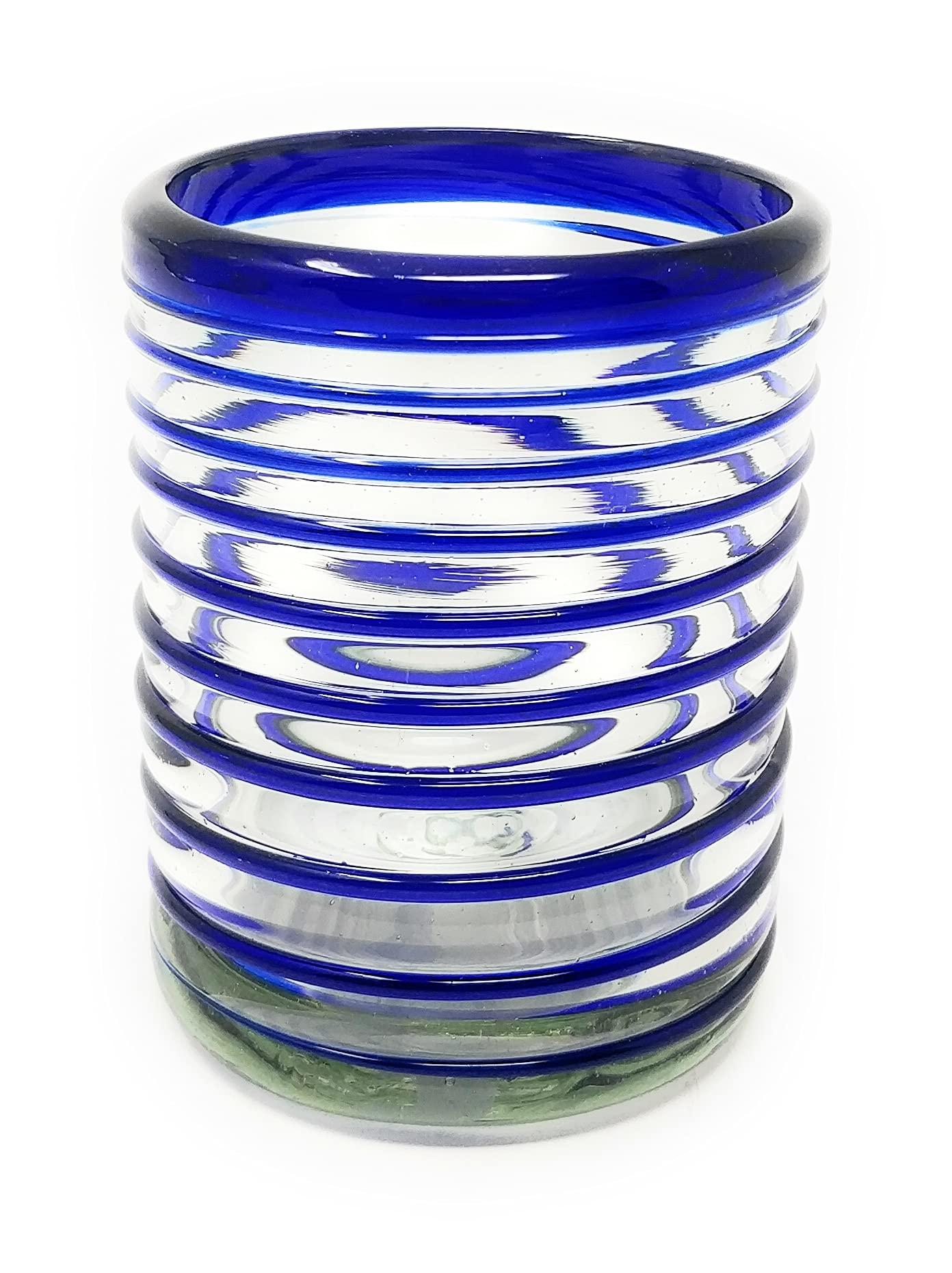Dos Sueos Hand Blown Mexican Drinking Glasses Set of 6 Tumbler Glasses with Blue Spiral Design (10 oz each)