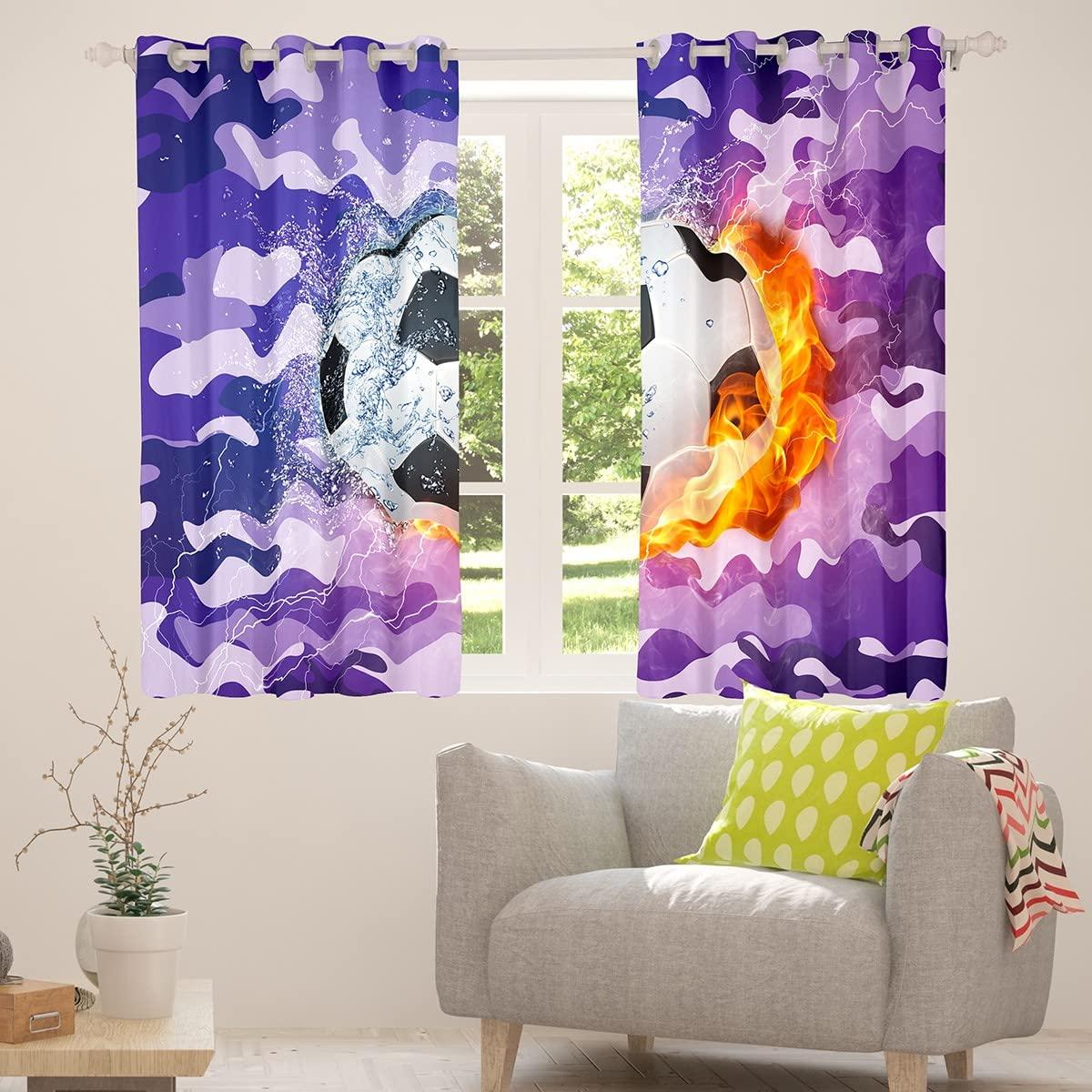 Erosebridal Football Curtains For Boys, Soccer Window Curtains, Sports Games Bedding Set For Kids Teens Adult Men, Camouflage Ice And Fire Thermal Insulated Window Drapes For Living Room Decor, Purple 42"Wx84"L