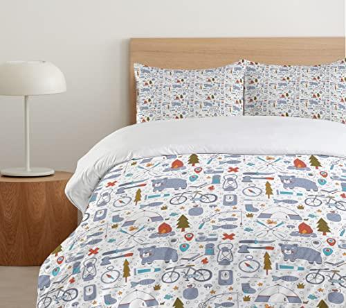 Lunarable Lunarable Camping Duvet Cover Set, Cartoon Bear Tent and Compass Outdoor Hobby Theme Hiking Doodle, Decorative 2 Piece Bedding Set with 1 Pillow Sham, Twin Size, Vermilion Bluegrey