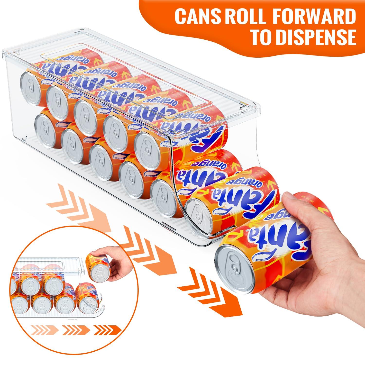 SCAVATA SCAVATA Soda Can Organizer for Refrigerator, Stackable Canned Food Pop Cans Container Can Holder Dispenser with Lid for Fridge Rack Freezer, Clear Storage Bins-Holds 12 Cans Each (One)