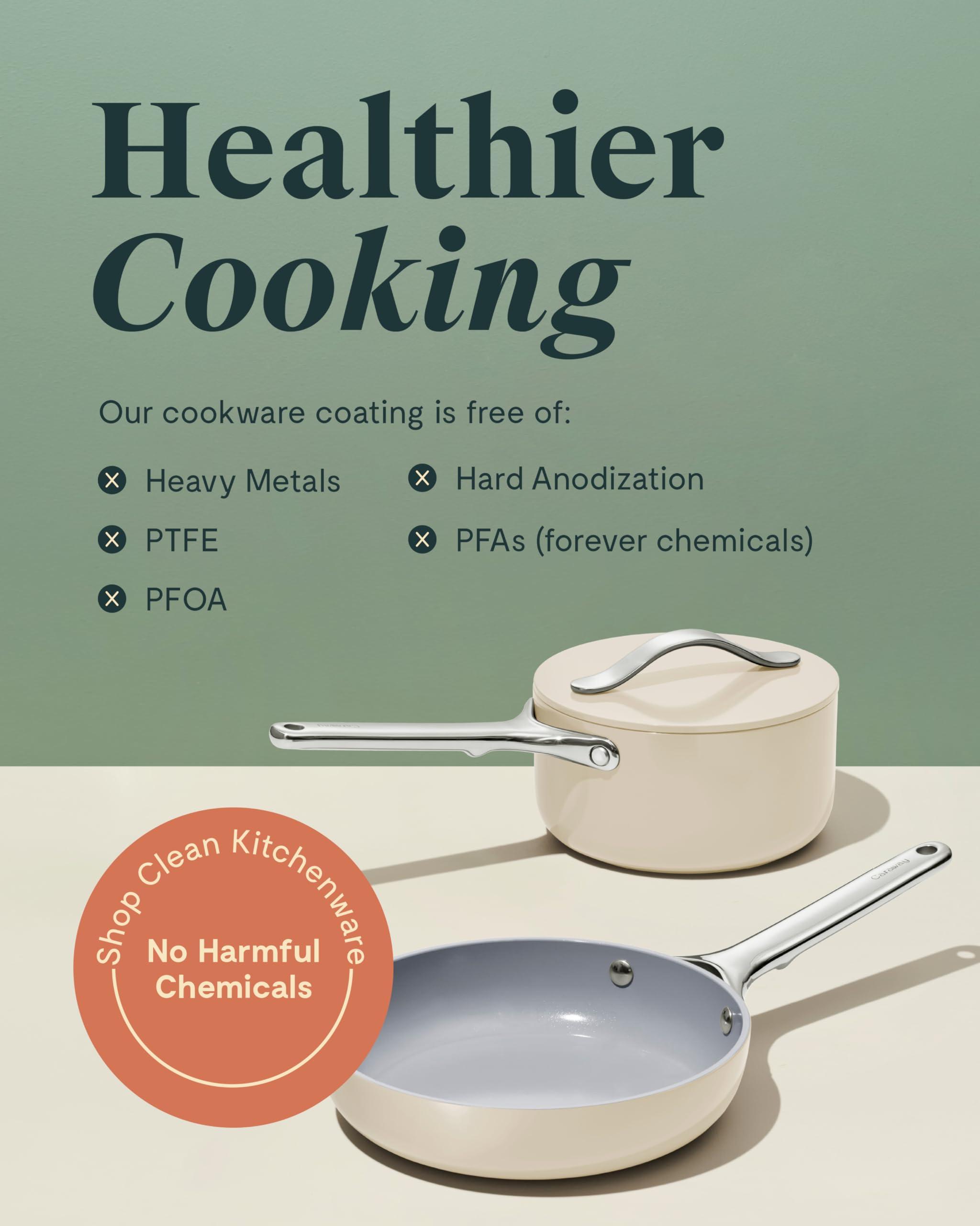 Caraway Caraway Mini Cookware Set - Non-Stick Ceramic Fry Pan (1.05 qt, 8\") Sauce Pan (1.75 qt) & Storage Rack - Non Toxic, PTFE & PFOA Free - Oven Safe & Stovetop Agnostic (Gas, Electric & Induction) - White