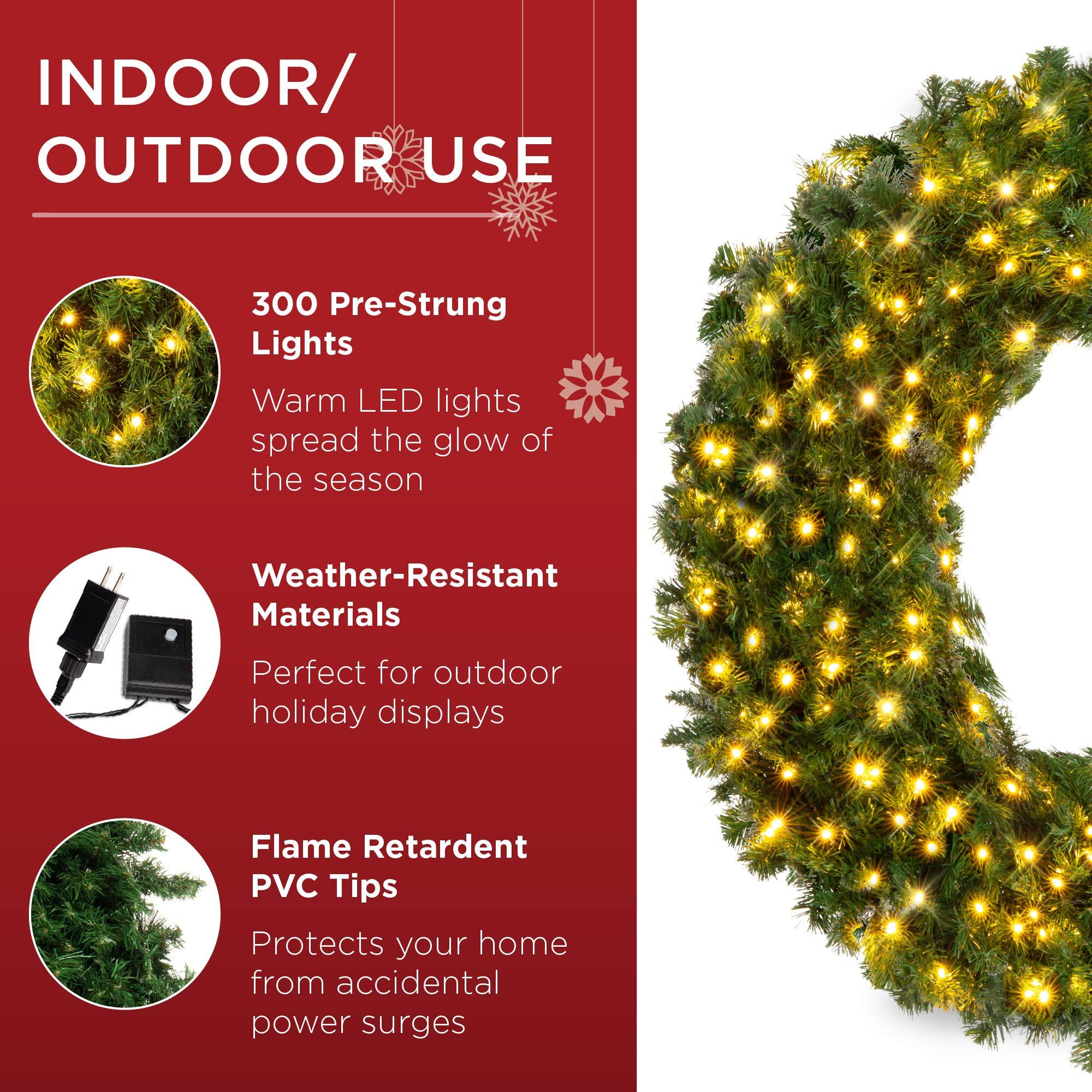 Best Choice Products Best Choice Products 60in Large Artificial Pre-Lit Fir Christmas Wreath Holiday Accent Decoration w/ 300 LED Lights, 930 PVC Tips