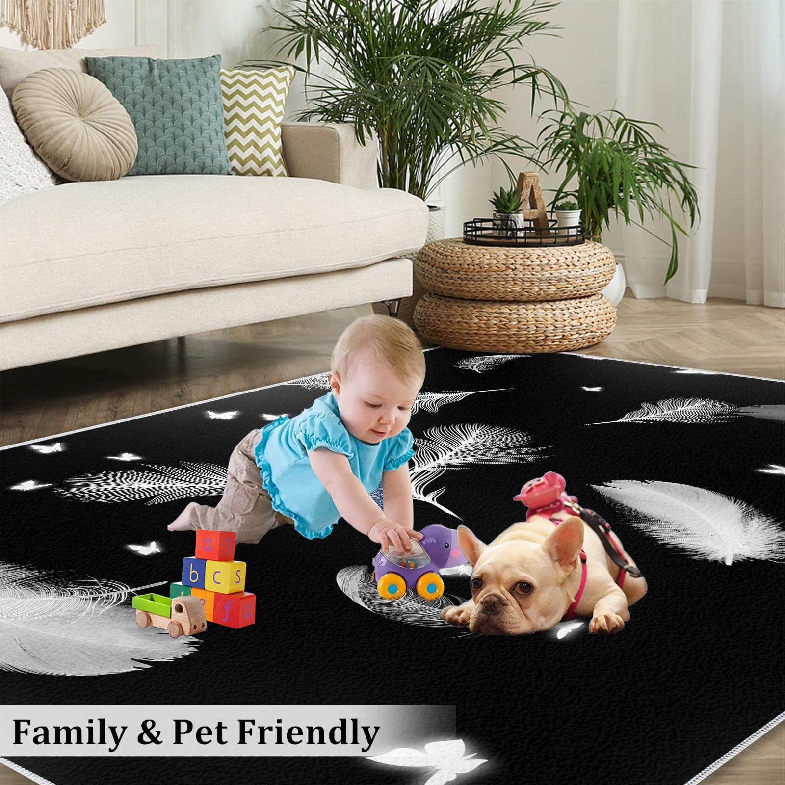 DUPIELU Fashion Black Area Rugs, Modern Abstract White Feather Butterfly Print Large Indoor Machine Washable Rug, Non-Slip Easy Clean Carpet for Living Room Bedroom Kitchen Hallway Entry 8x10ft