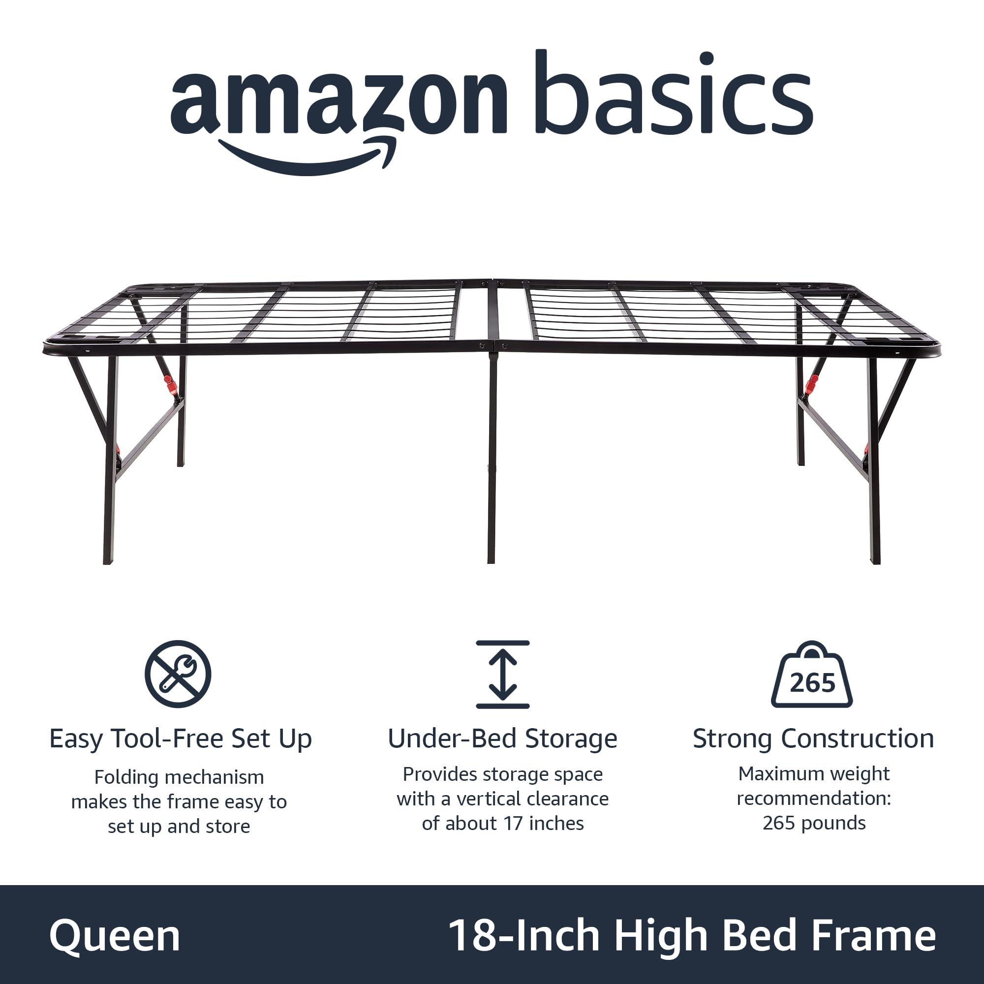 Amazon Basics Amazon Basics Bed Frame with Storage, Foldable Metal Platform, Sturdy Steel, No Box Spring Needed, 18 Inches High, Tool-Free Setup, Queen Size, Black