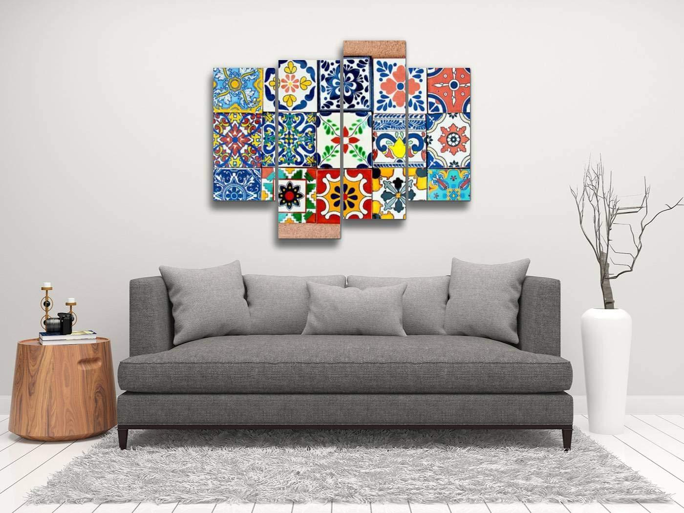 Weone Artwork Talavera Handcrafted Mexican Ceramic Tile Canvas Wall Art Hanging Paintings Modern Artwork Abstract Picture Prints Home Decoration Gift Unique Designed Framed 4 Panel