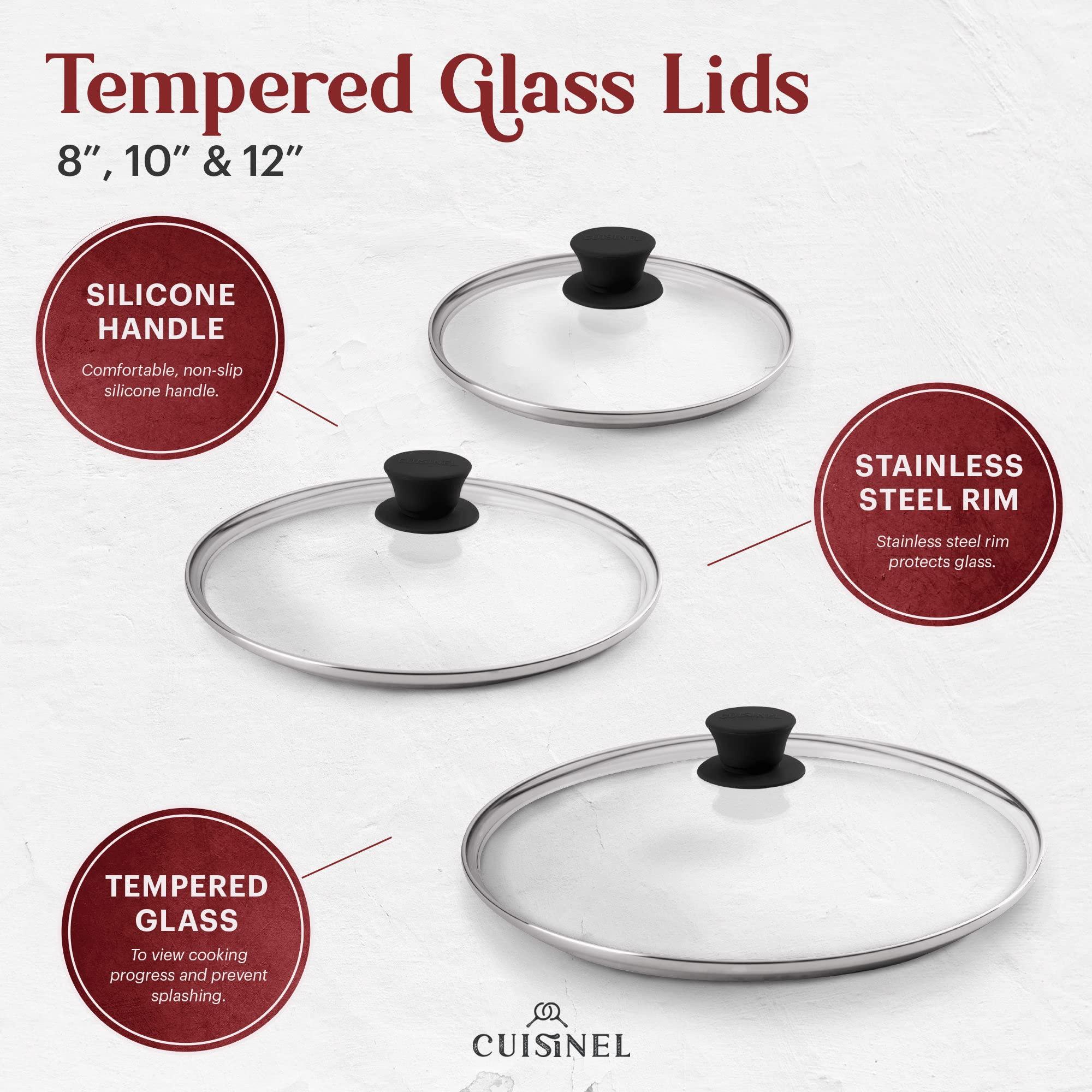 Cuisinel Cuisinel 8\"+10\"+12\"-Inch Cast Iron Skillets Set with Glass Lids + Silicone Handle Holder Covers + Pan Scraper - Pre-Seasoned Oven Cookware - Use Indoor/Outdoor, Grill, Stovetop, Camping Fire, Oven