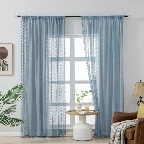 WAZZIO WAZZIO Light Blue Sheer Curtains 84 Inches Long 2 Panels Sheer Lace Pale Blue Curtains for Bedroom Living Room Rod Pocket Tassel Cotton Boho Crochet Curtains Light Filtering Privacy Drapes,Stone Blue