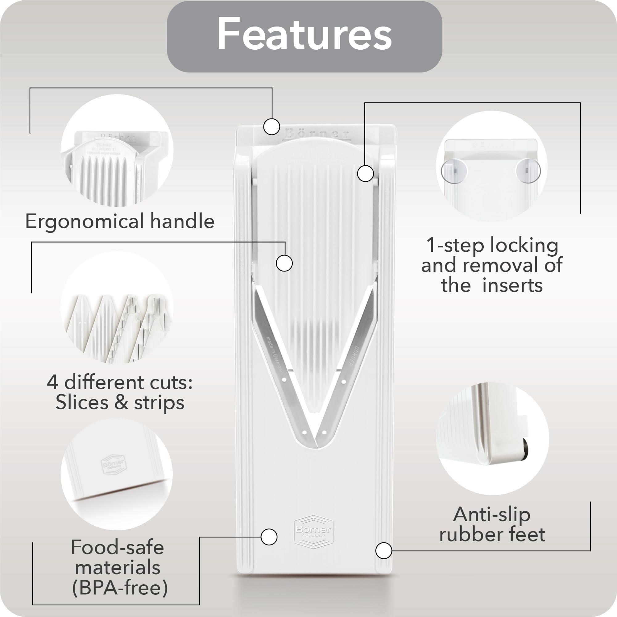 Swissmar Brner V3 TrendLine Mandoline Starter Set (6 pcs.) Vegetable Slicer (V-Slicer) + Safety Guard + Inserts + Collection Tray + Multibox Kitchen Slicer Set (White)