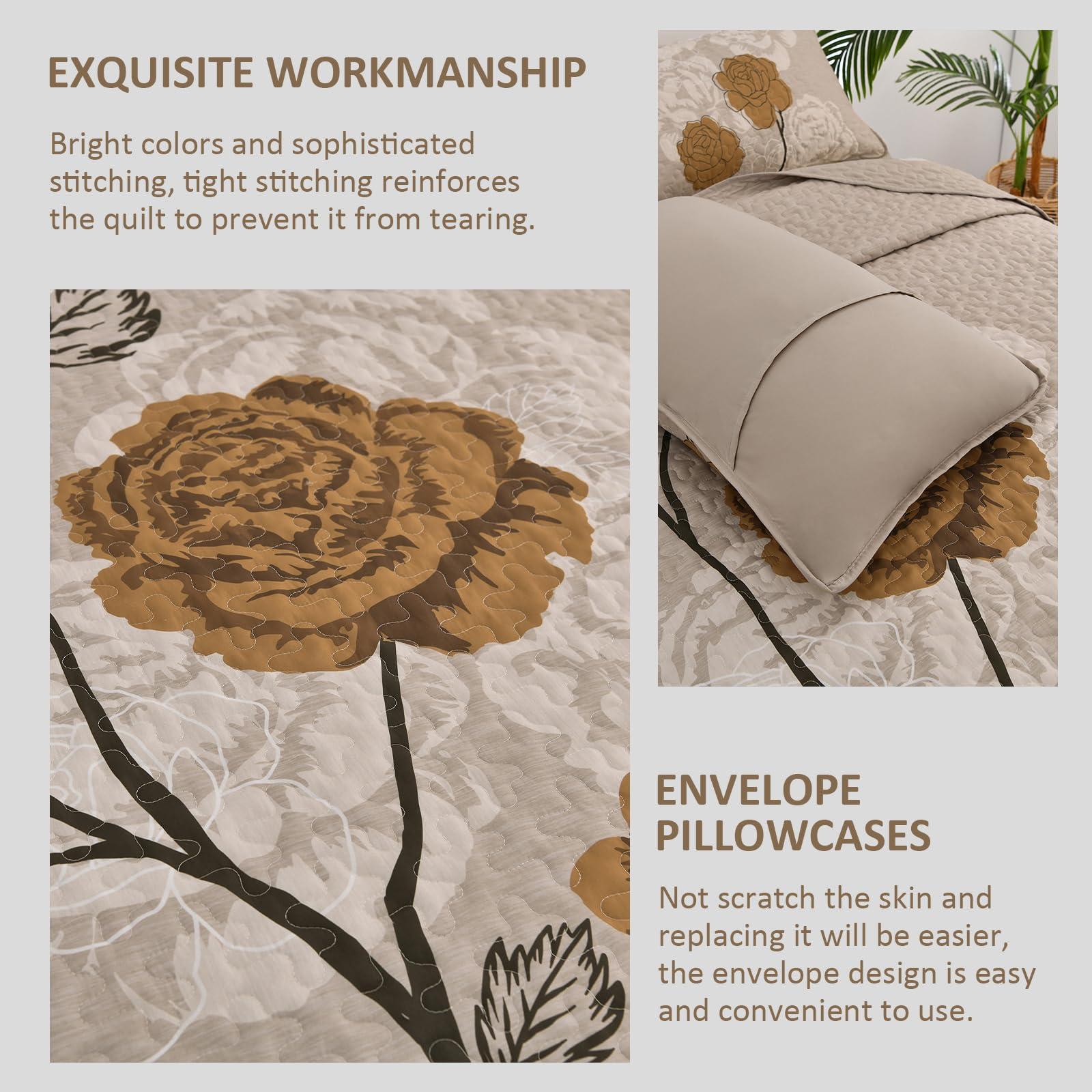 Anibedding Anibedding Floral Quilt Set Queen Size,Elegant Brown Floral Printed Bedspread Coverlet 3 Pieces Soft Microfiber Bedding Set with 2 Pillowcases for All Season(96\"90\")